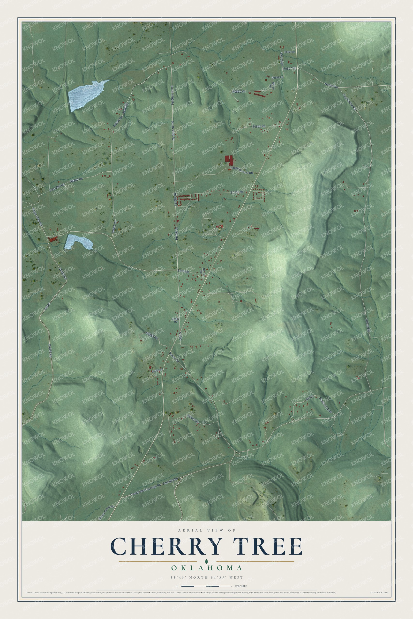 Full map of Cherry Tree, Oklahoma, with red buildings, printed street names and the land around them