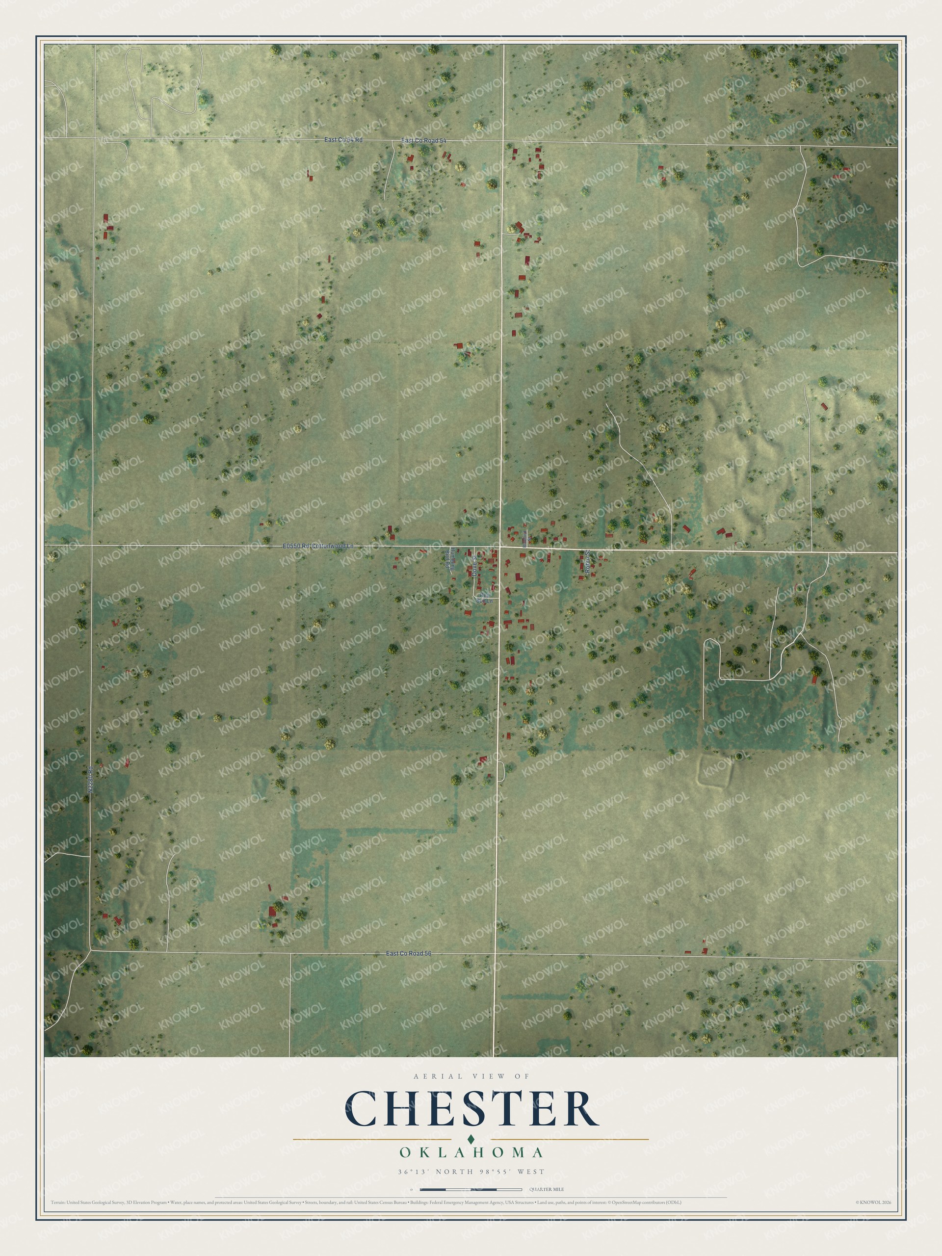 Full map of Chester, Oklahoma, with red buildings, printed street names and the land around them
