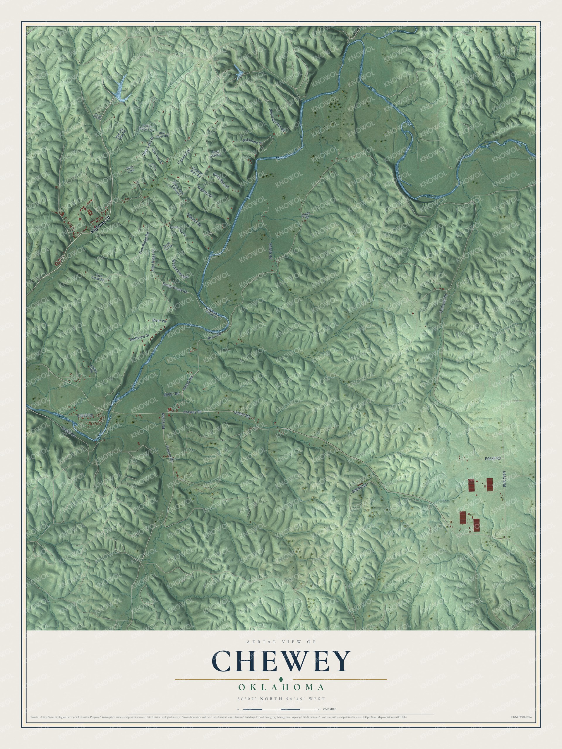 Full map of Chewey, Oklahoma, with red buildings, printed street names and the land around them