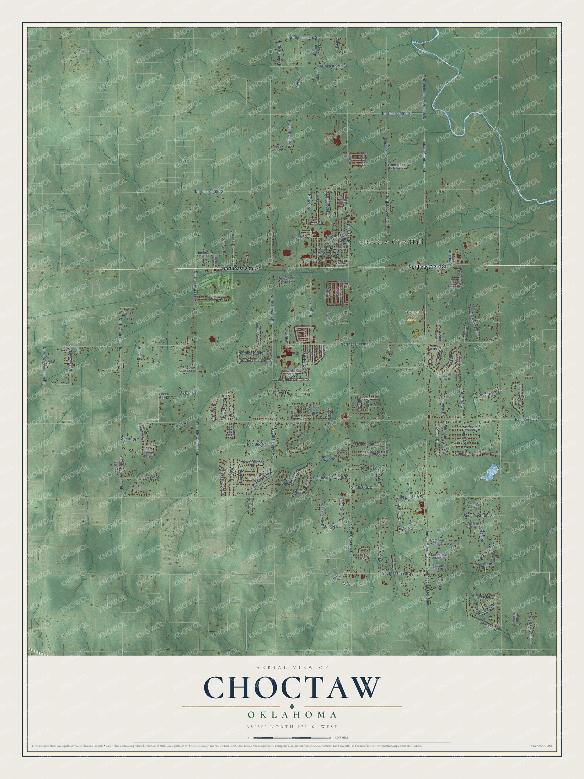 Full map of Choctaw, Oklahoma, with red buildings, printed street names and the land around them