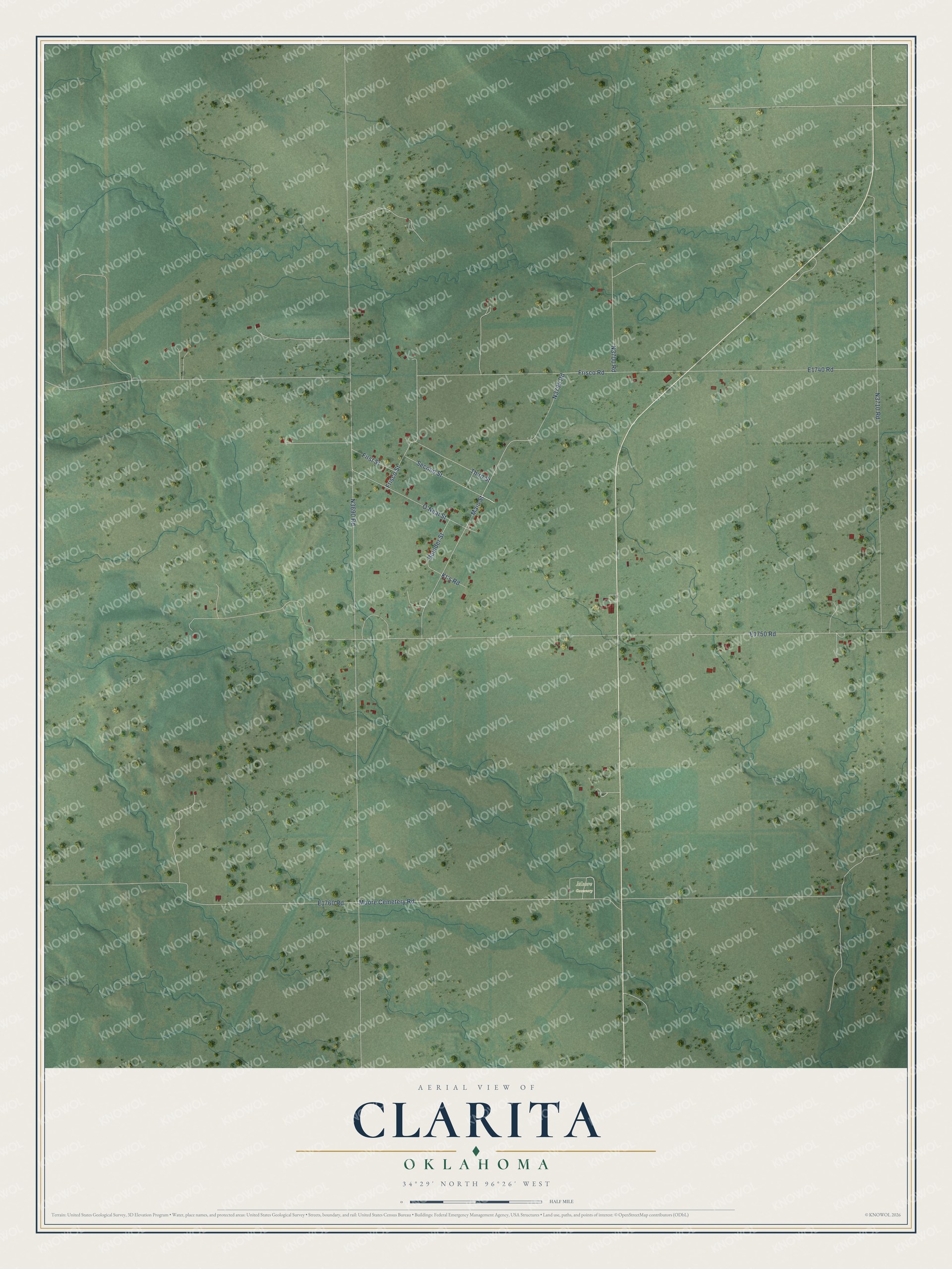 Full map of Clarita, Oklahoma, with red buildings, printed street names and the land around them