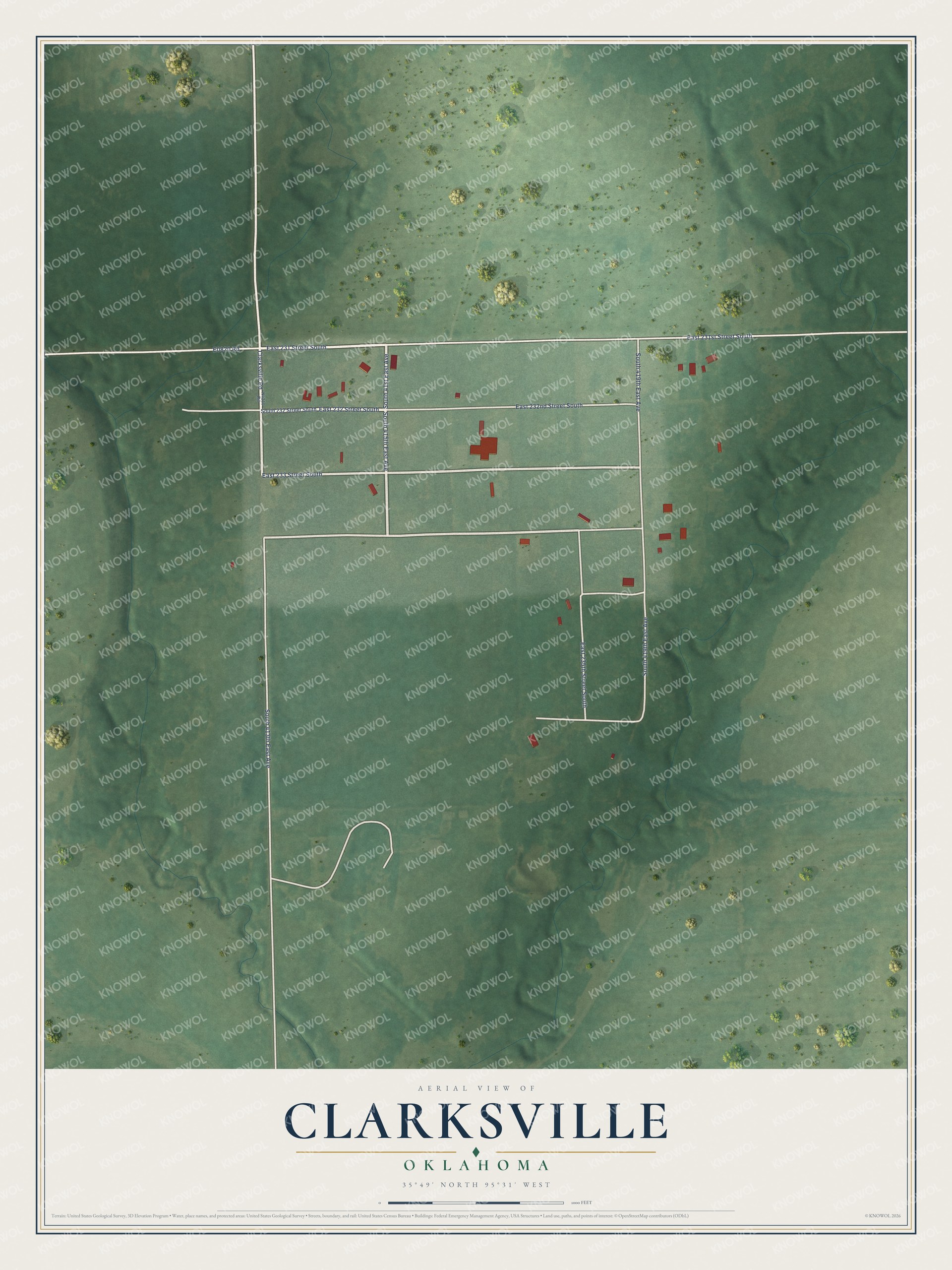 Full map of Clarksville, Oklahoma, with red buildings, printed street names and the land around them