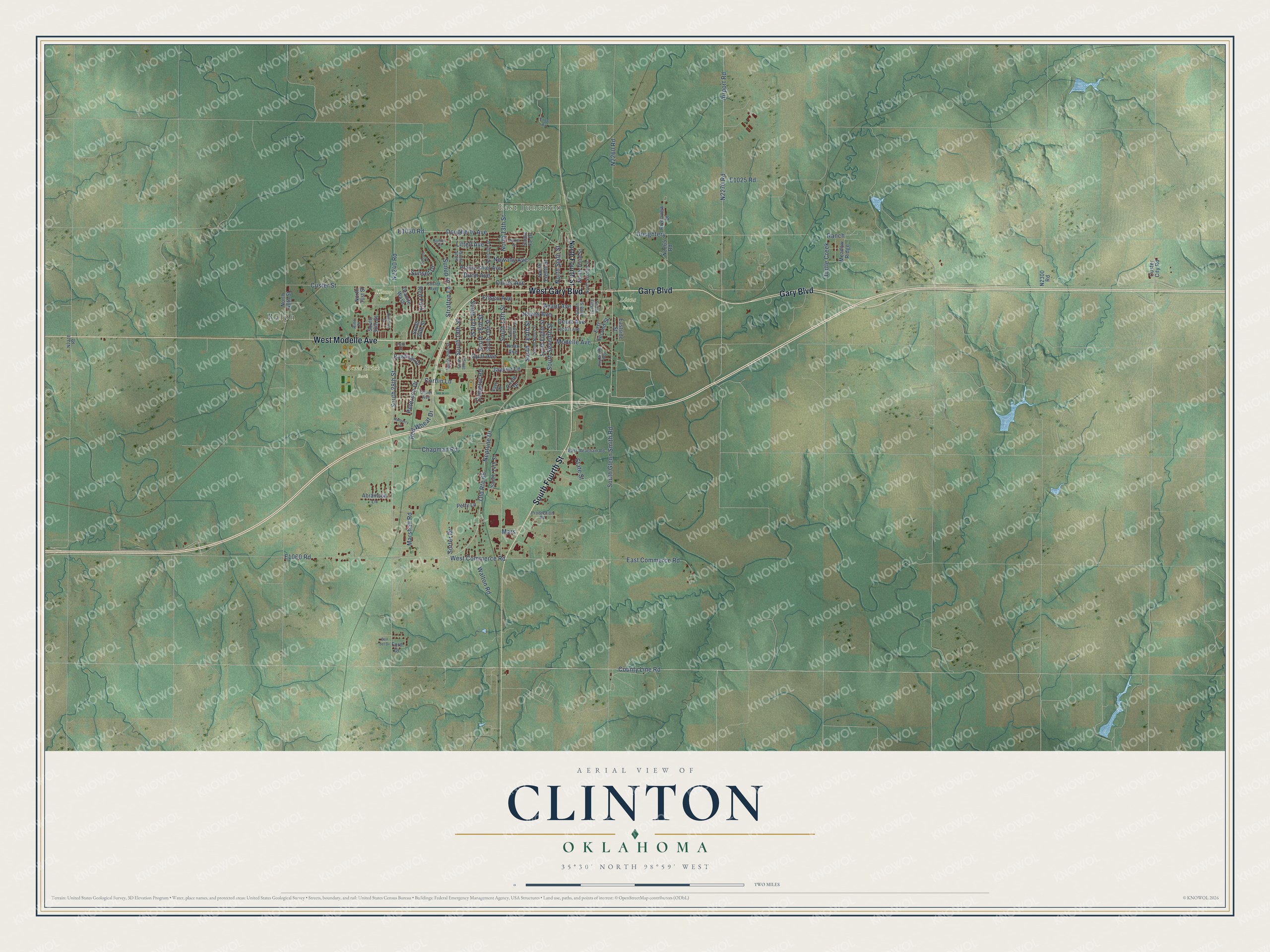 Full map of Clinton, Oklahoma, with red buildings, printed street names and the land around them