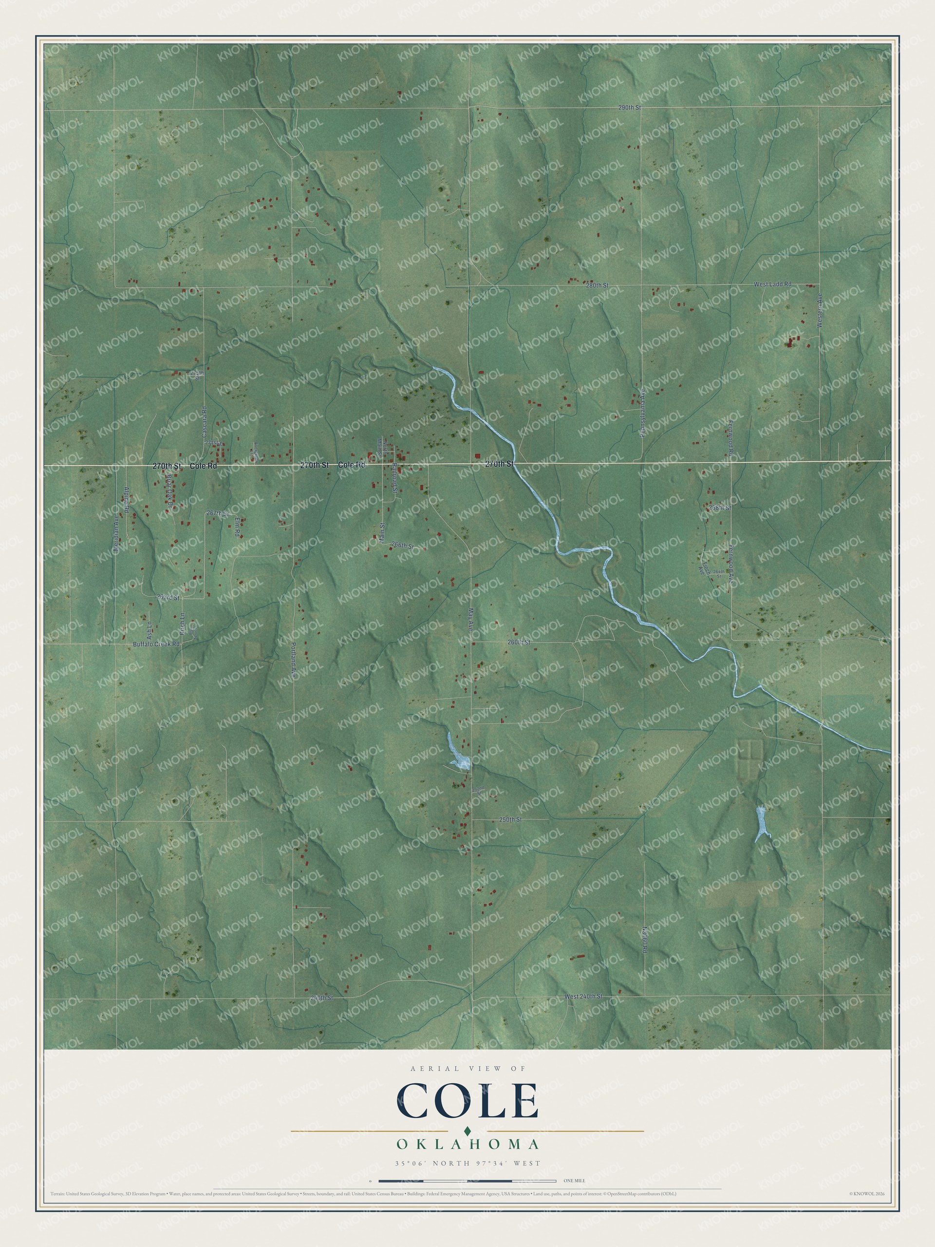 Full map of Cole, Oklahoma, with red buildings, printed street names and the land around them