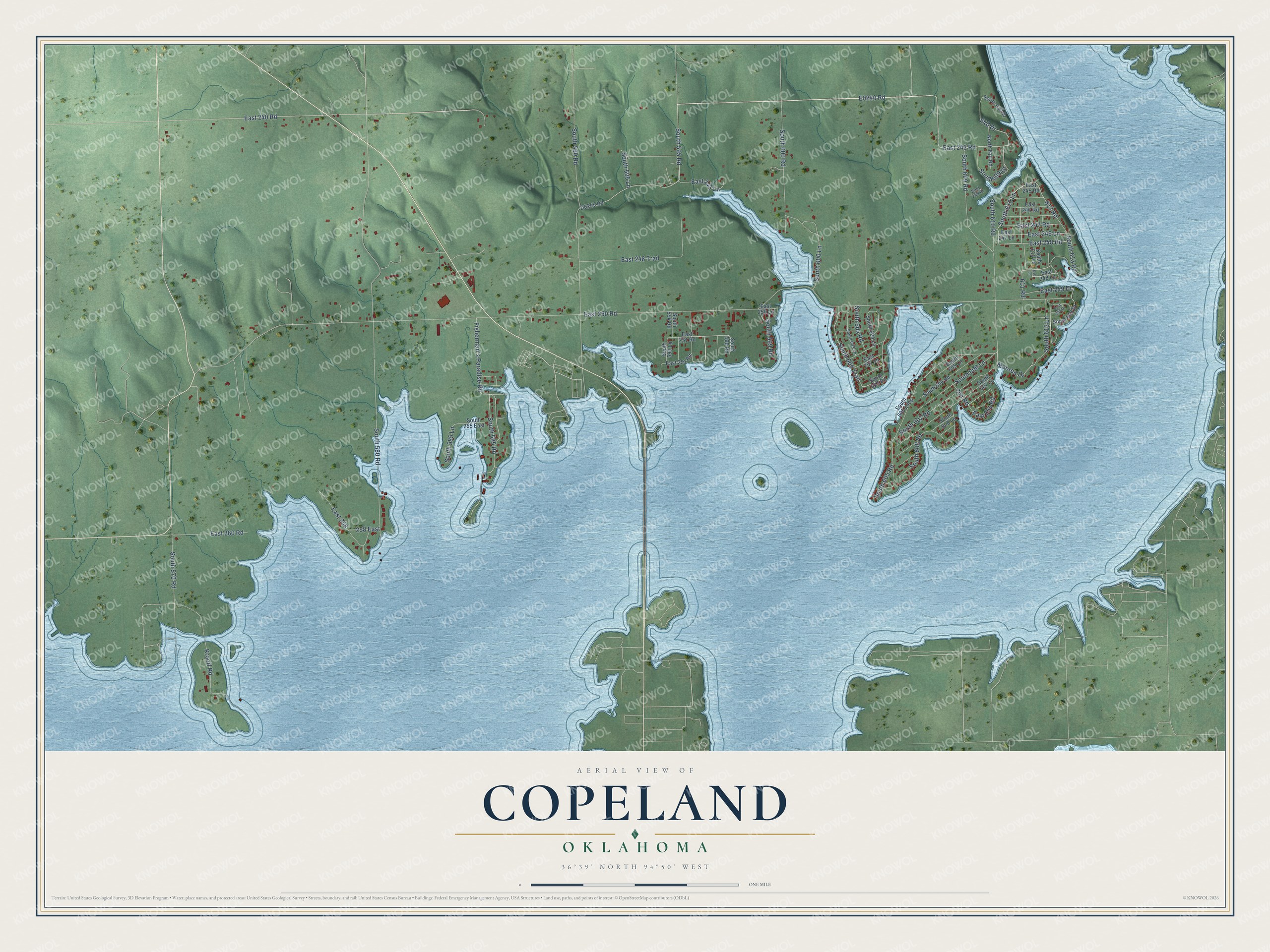 Full map of Copeland, Oklahoma, with red buildings, printed street names and the land around them
