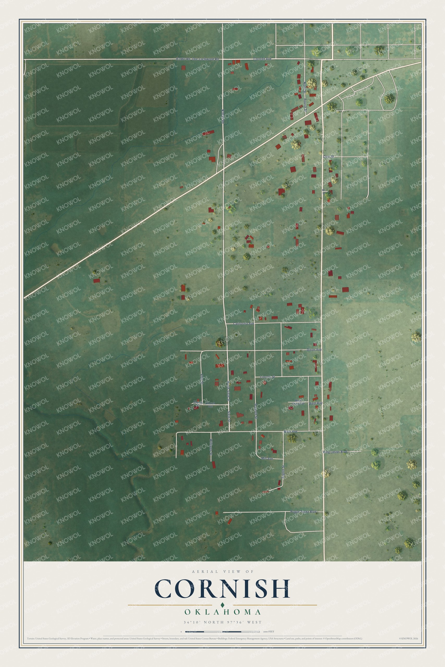 Full map of Cornish, Oklahoma, with red buildings, printed street names and the land around them