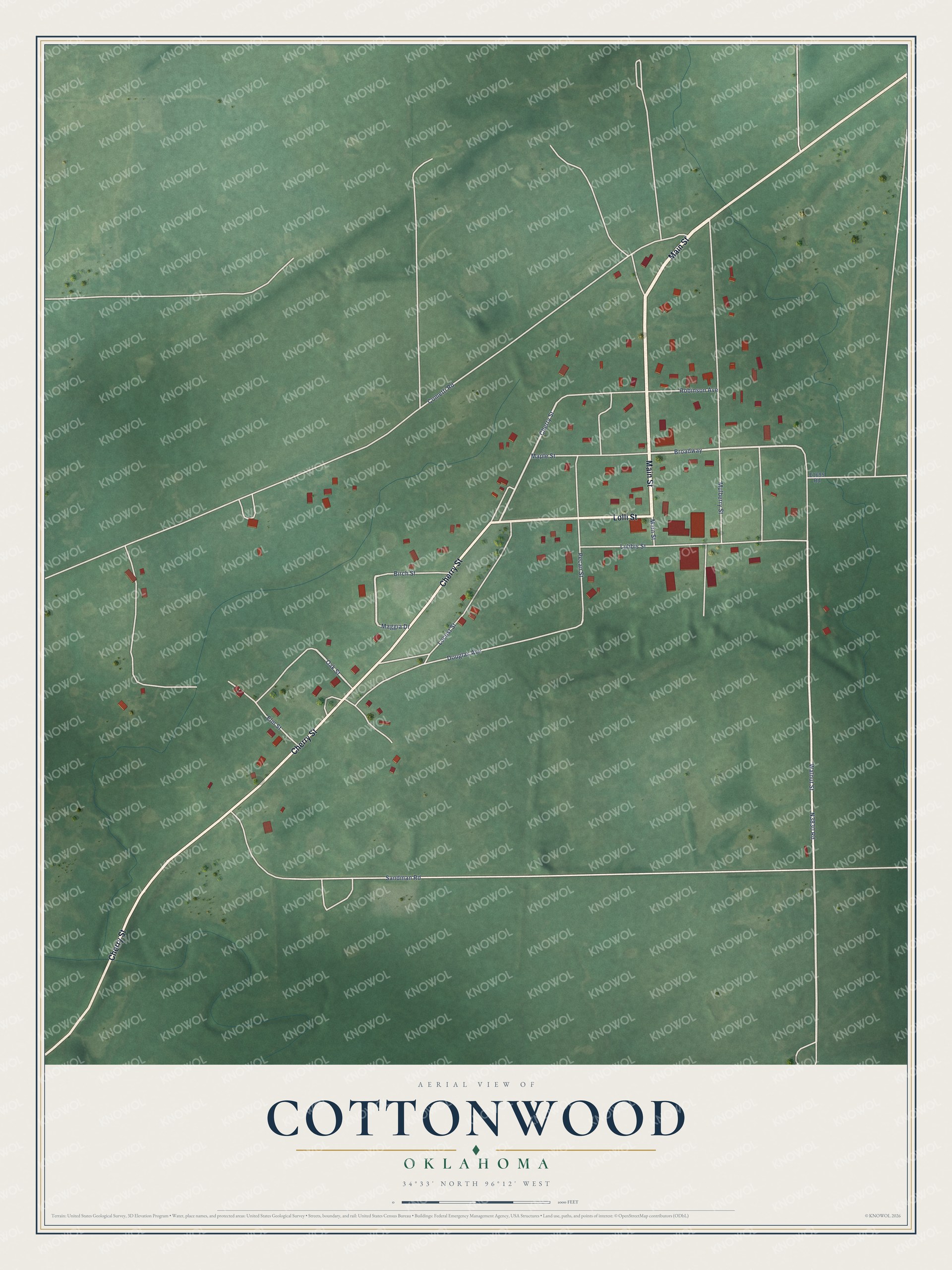 Full map of Cottonwood, Oklahoma, with red buildings, printed street names and the land around them