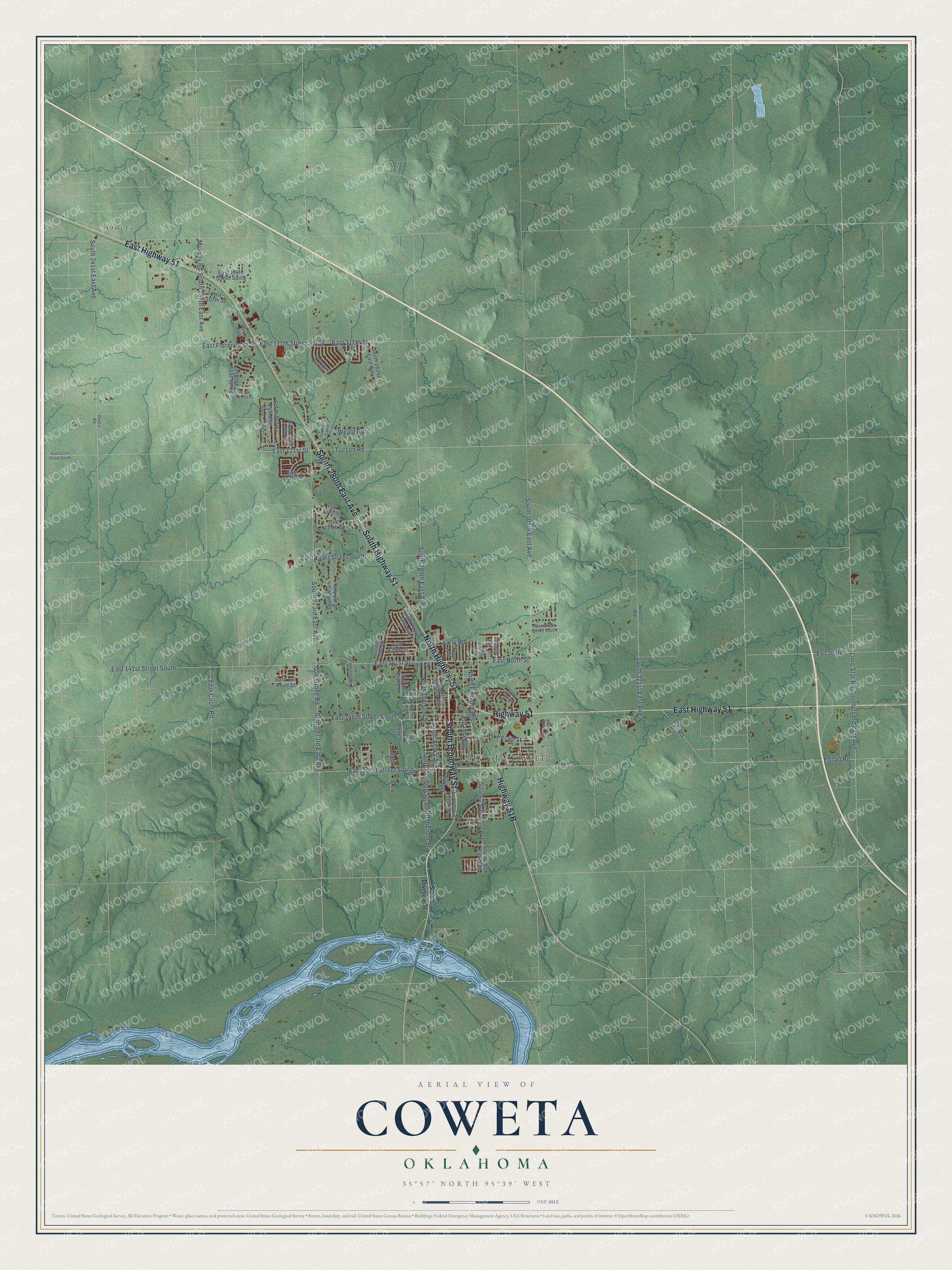 Full map of Coweta, Oklahoma, with red buildings, printed street names and the land around them