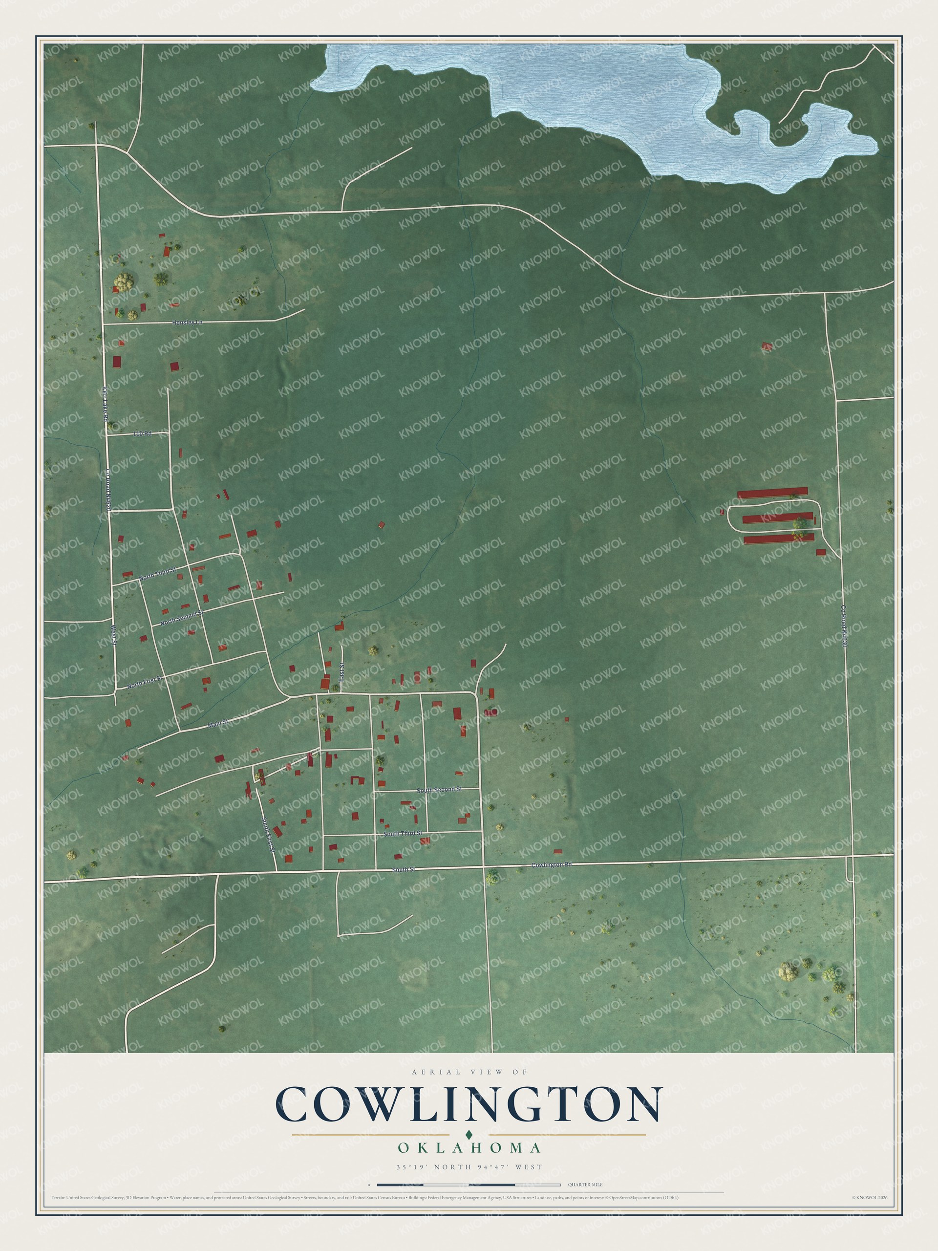 Full map of Cowlington, Oklahoma, with red buildings, printed street names and the land around them