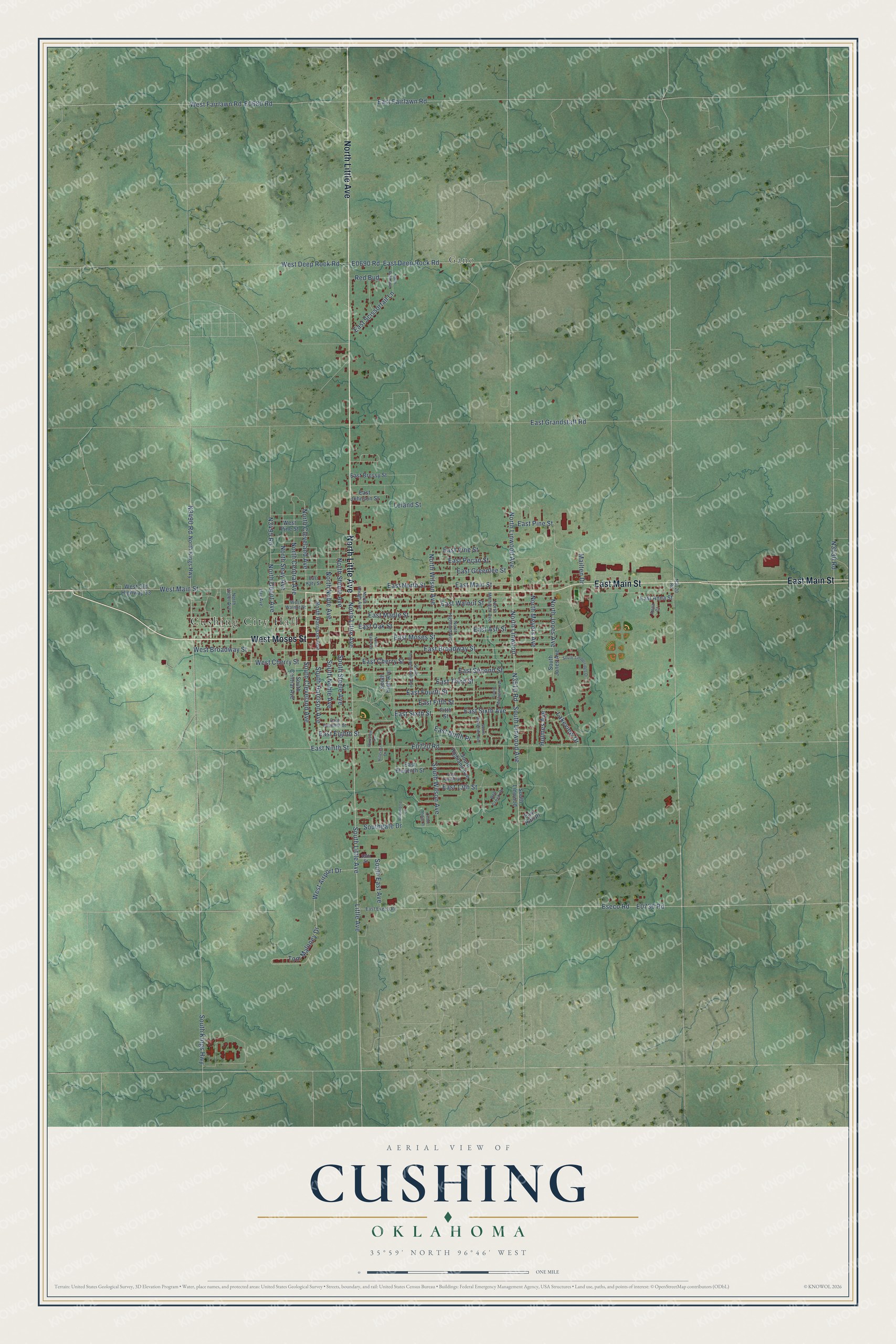 Full map of Cushing, Oklahoma, with red buildings, printed street names and the land around them