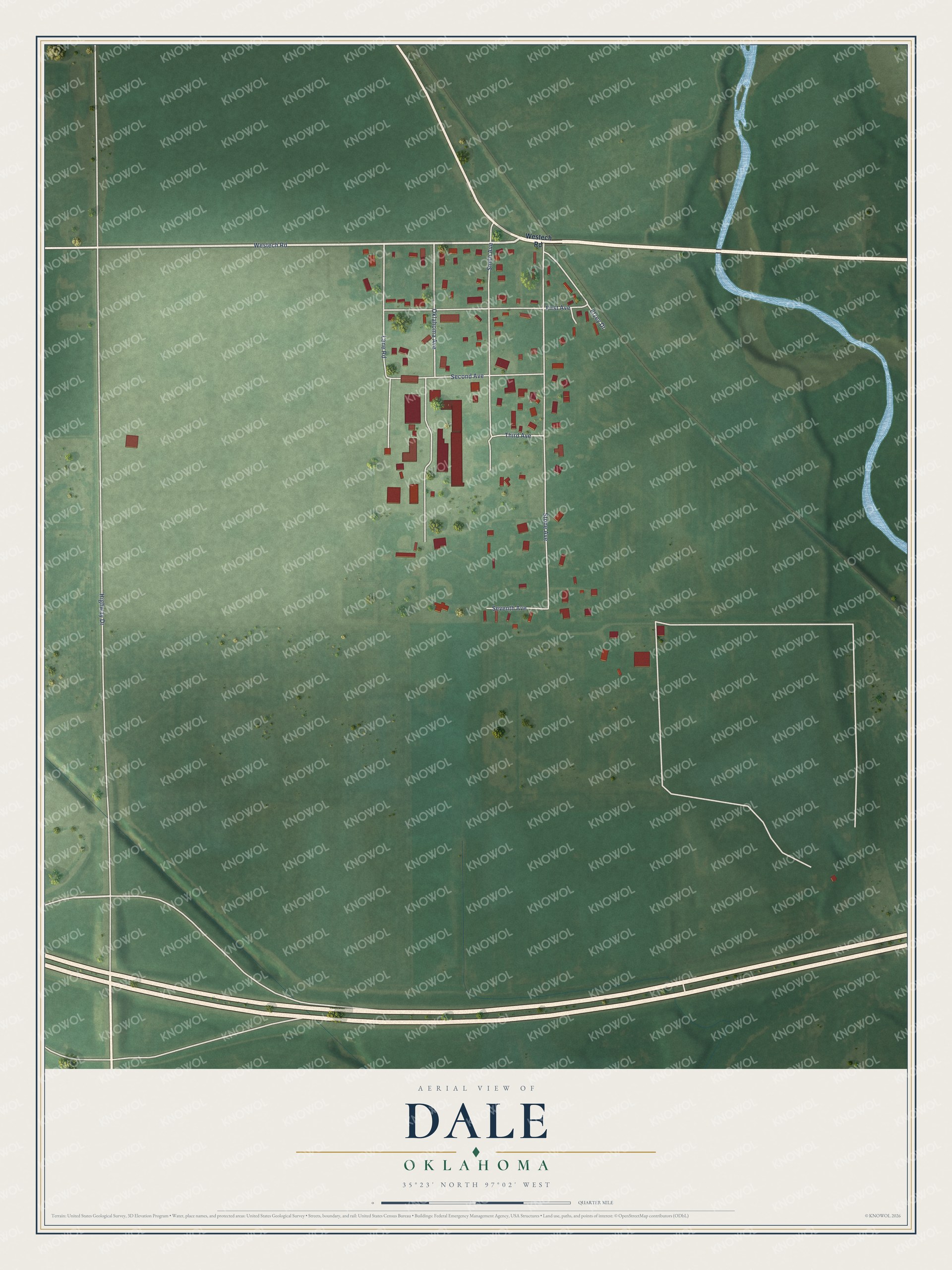 Full map of Dale, Oklahoma, with red buildings, printed street names and the land around them
