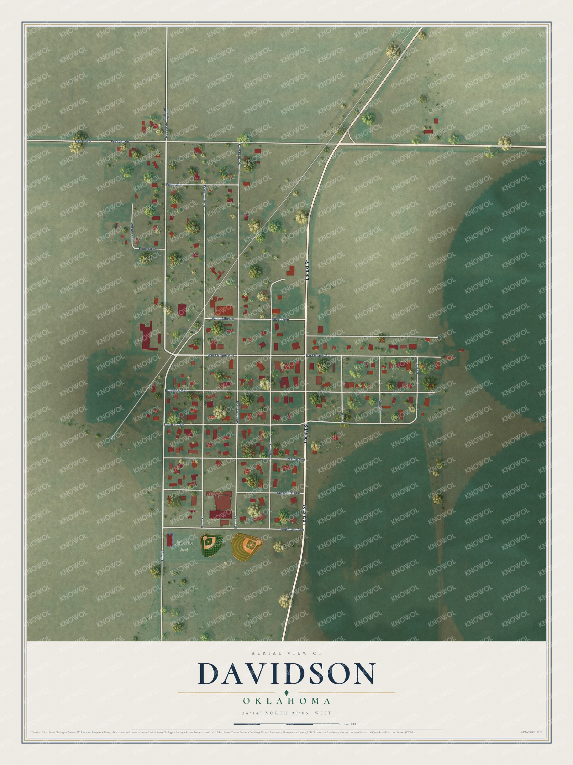 Full map of Davidson, Oklahoma, with red buildings, printed street names and the land around them