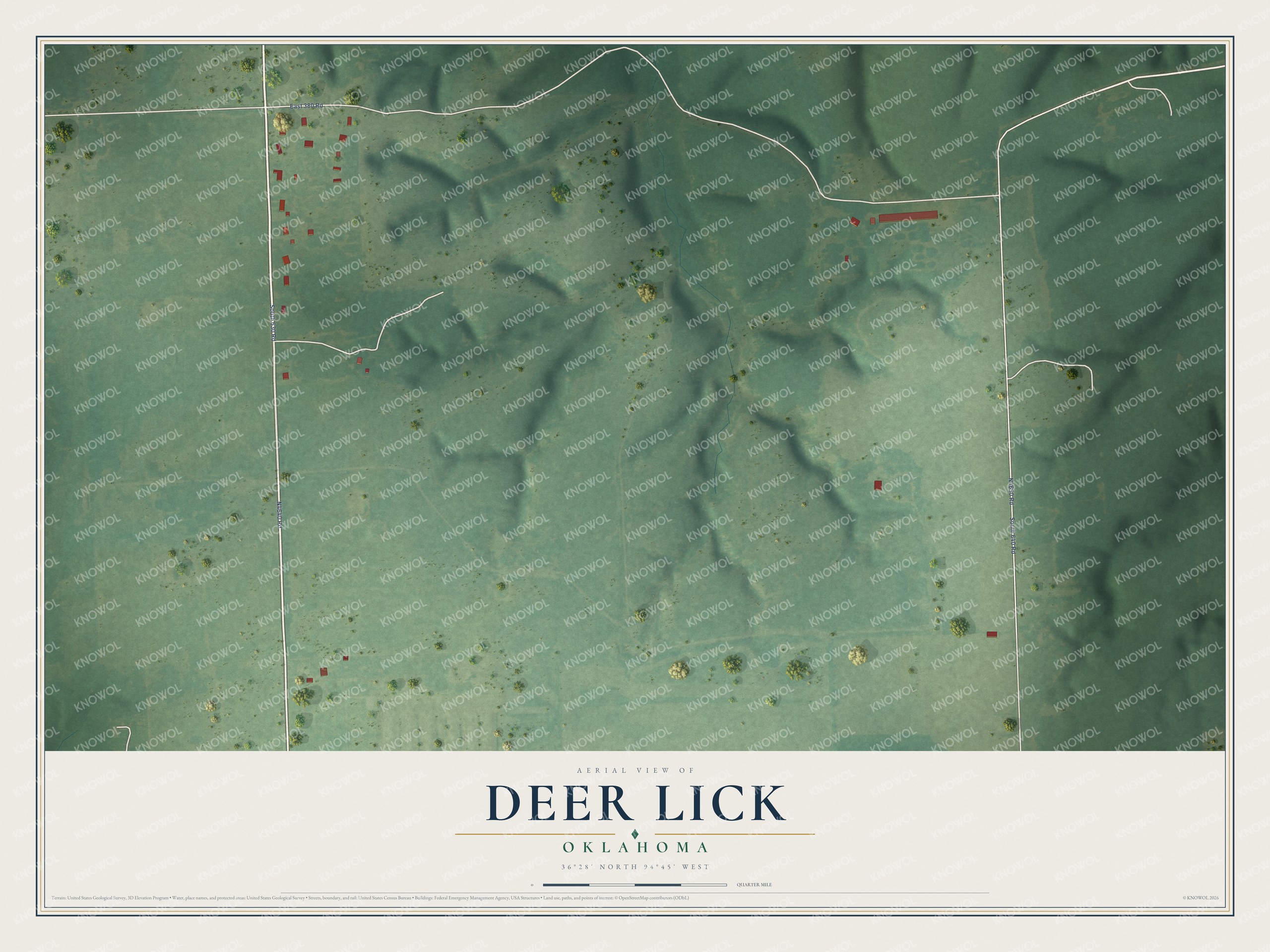 Full map of Deer Lick, Oklahoma, with red buildings, printed street names and the land around them