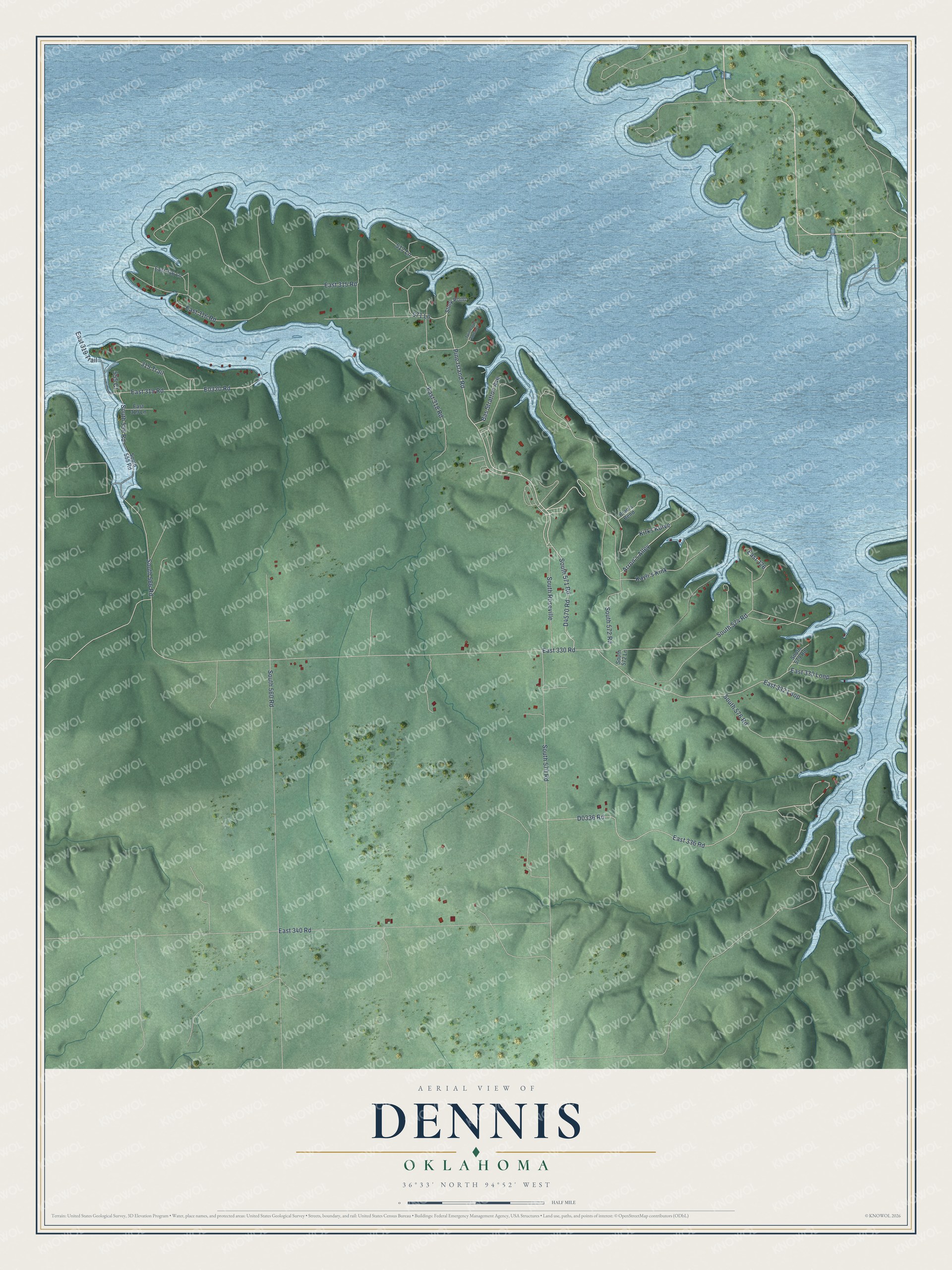 Full map of Dennis, Oklahoma, with red buildings, printed street names and the land around them