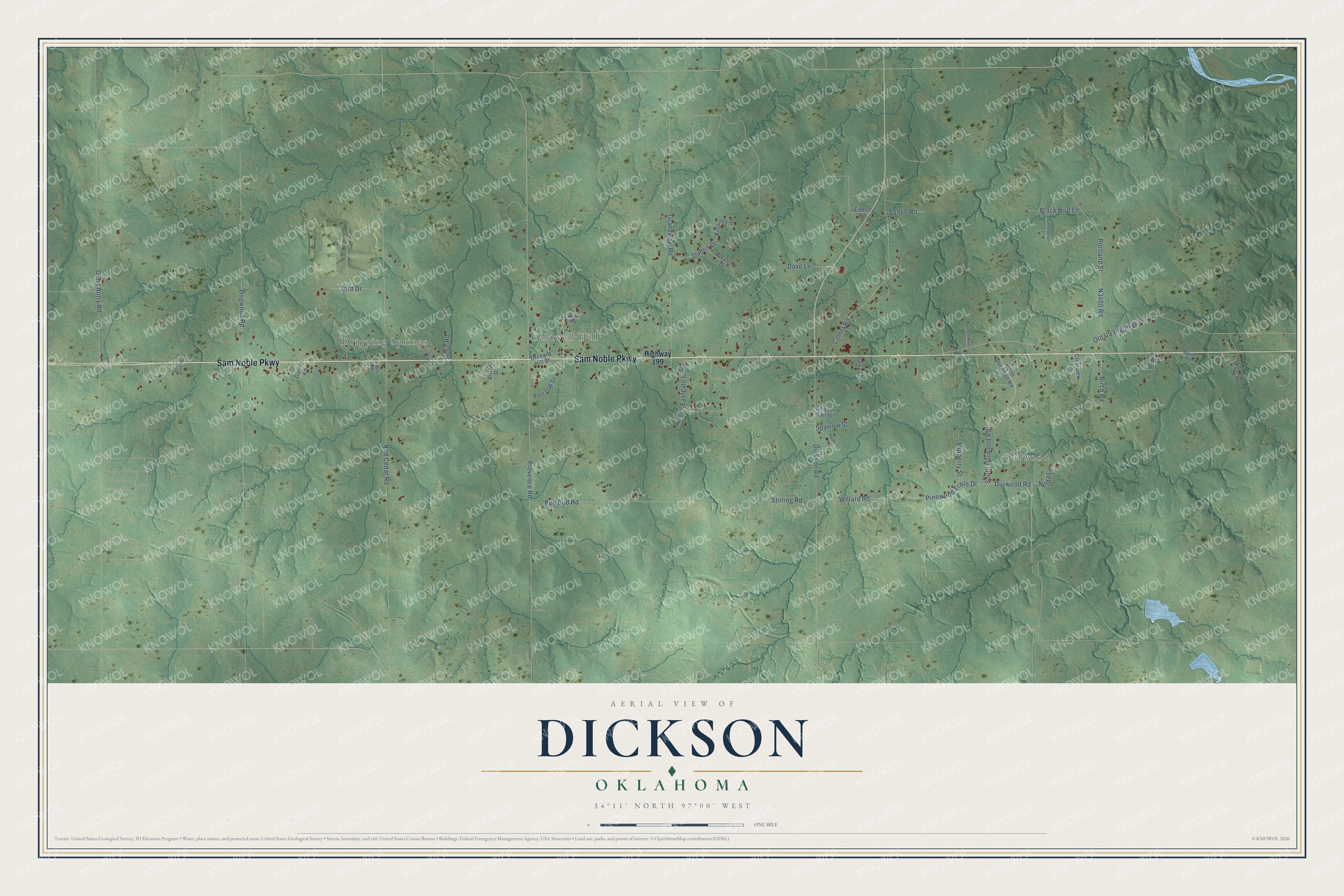 Full map of Dickson, Oklahoma, with red buildings, printed street names and the land around them