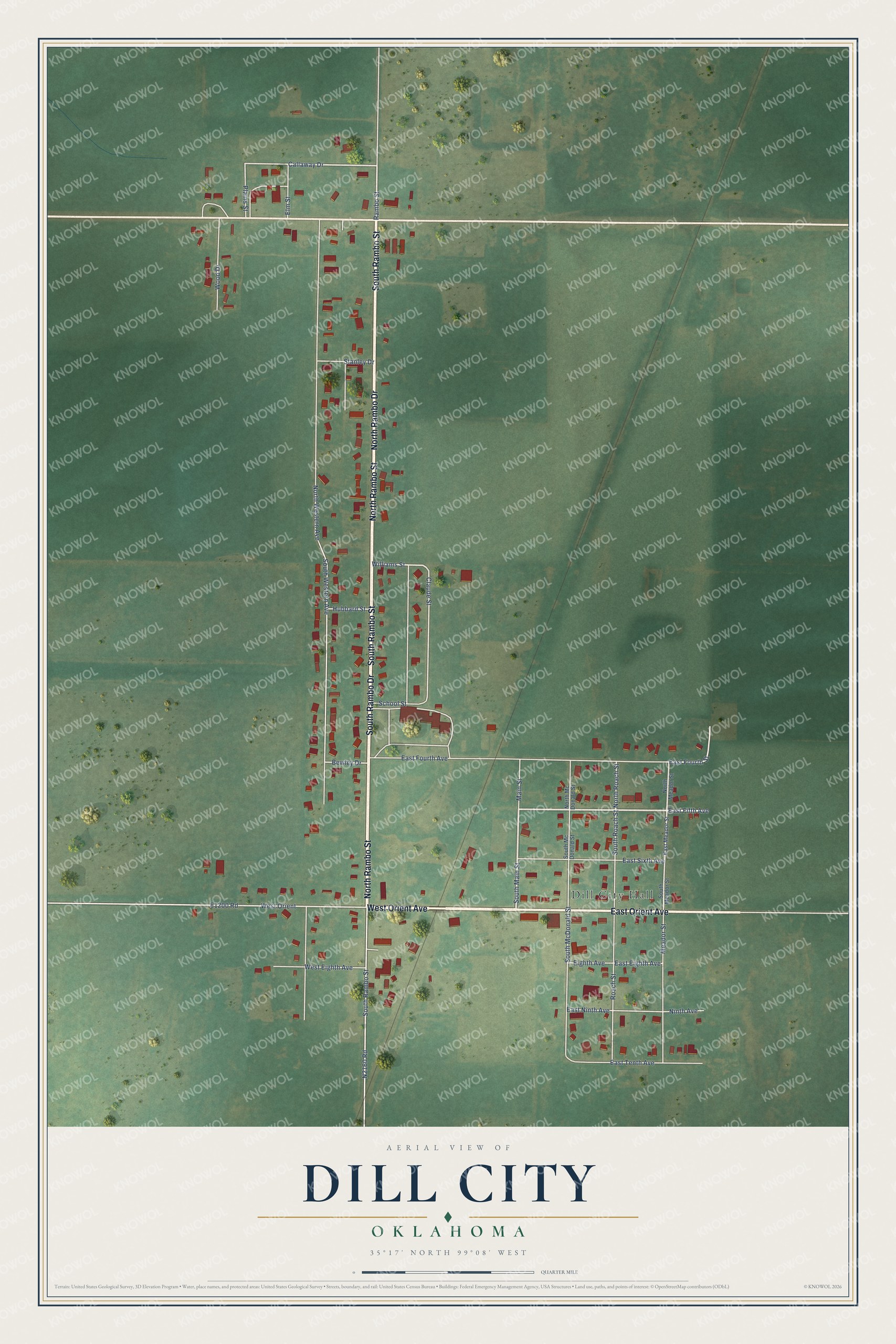 Full map of Dill City, Oklahoma, with red buildings, printed street names and the land around them