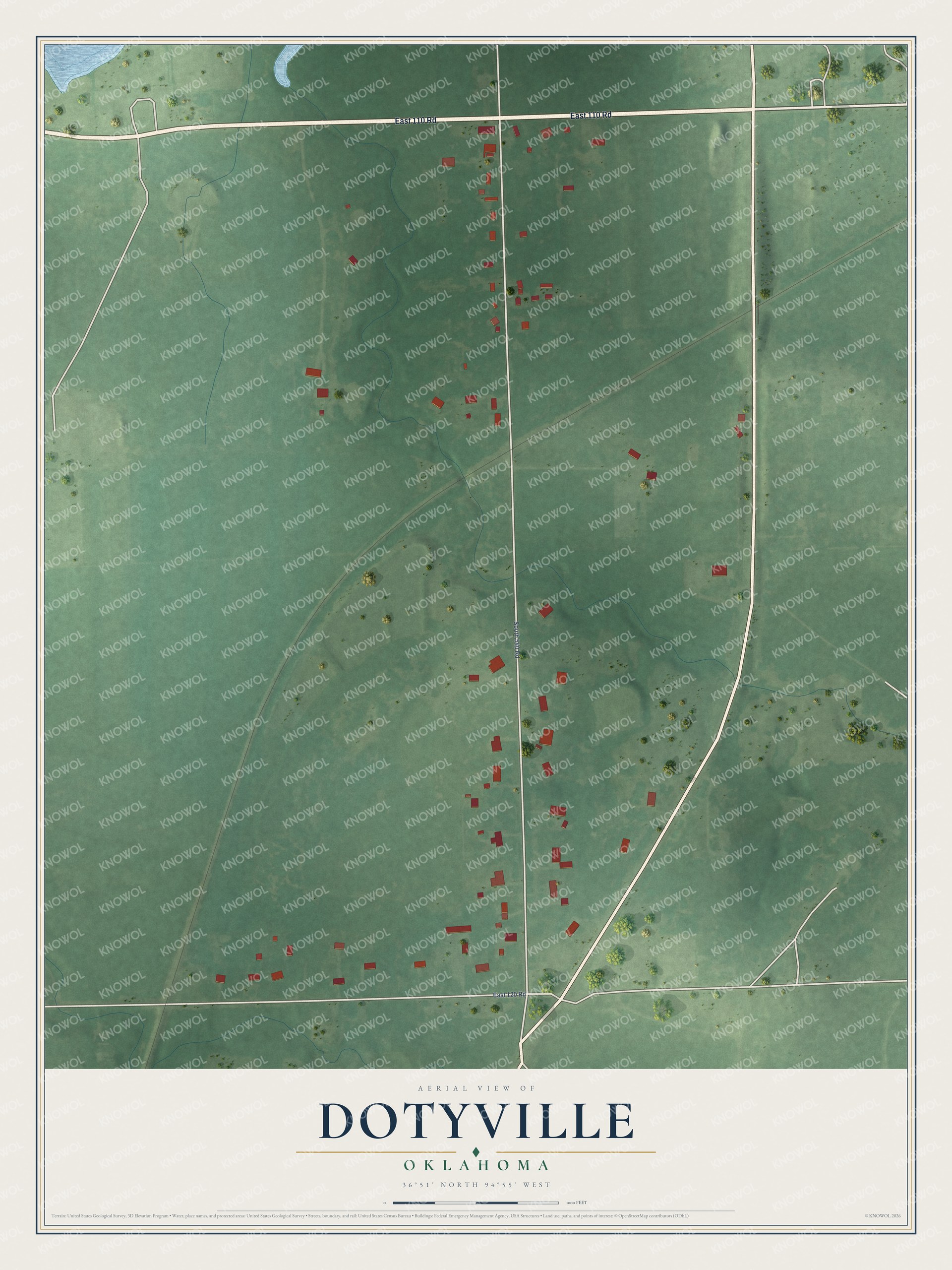 Full map of Dotyville, Oklahoma, with red buildings, printed street names and the land around them