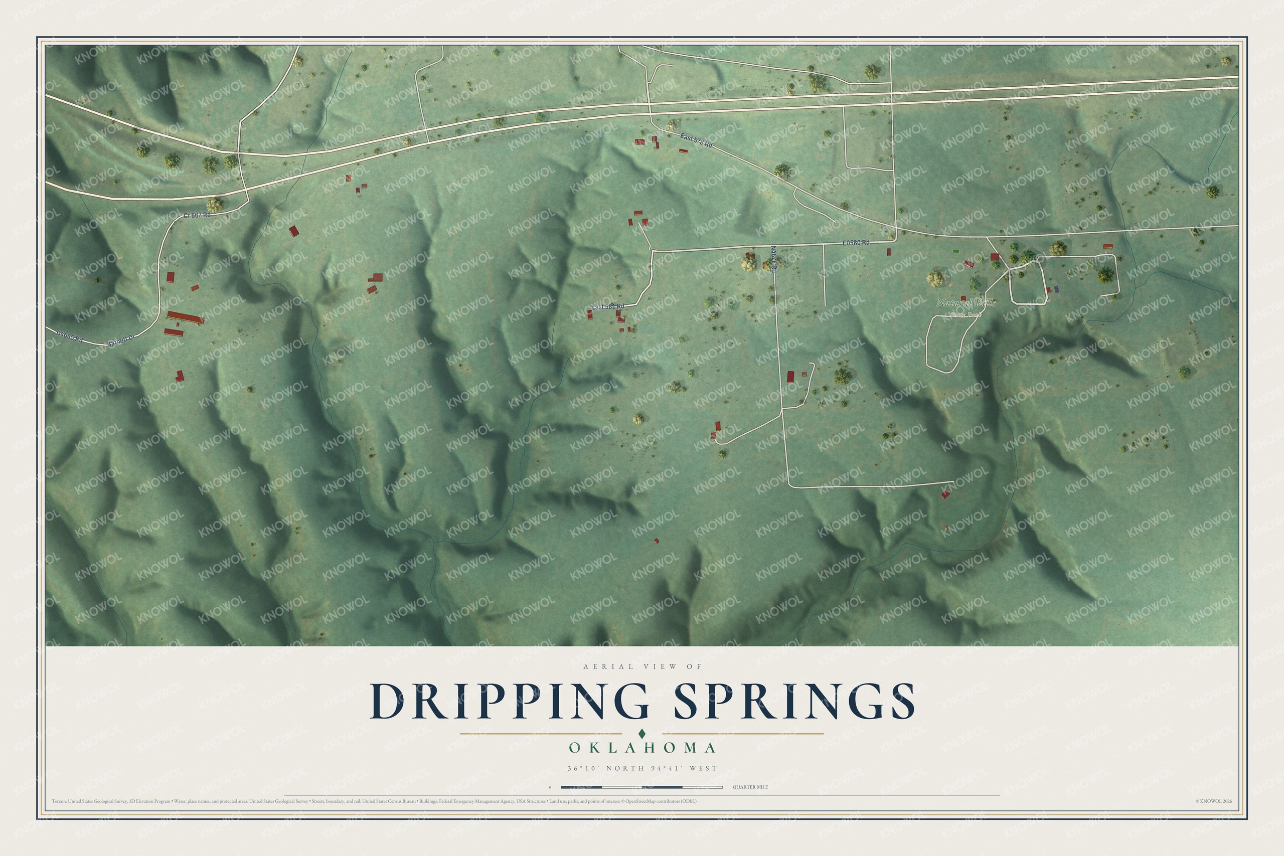 Full map of Dripping Springs, Oklahoma, with red buildings, printed street names and the land around them