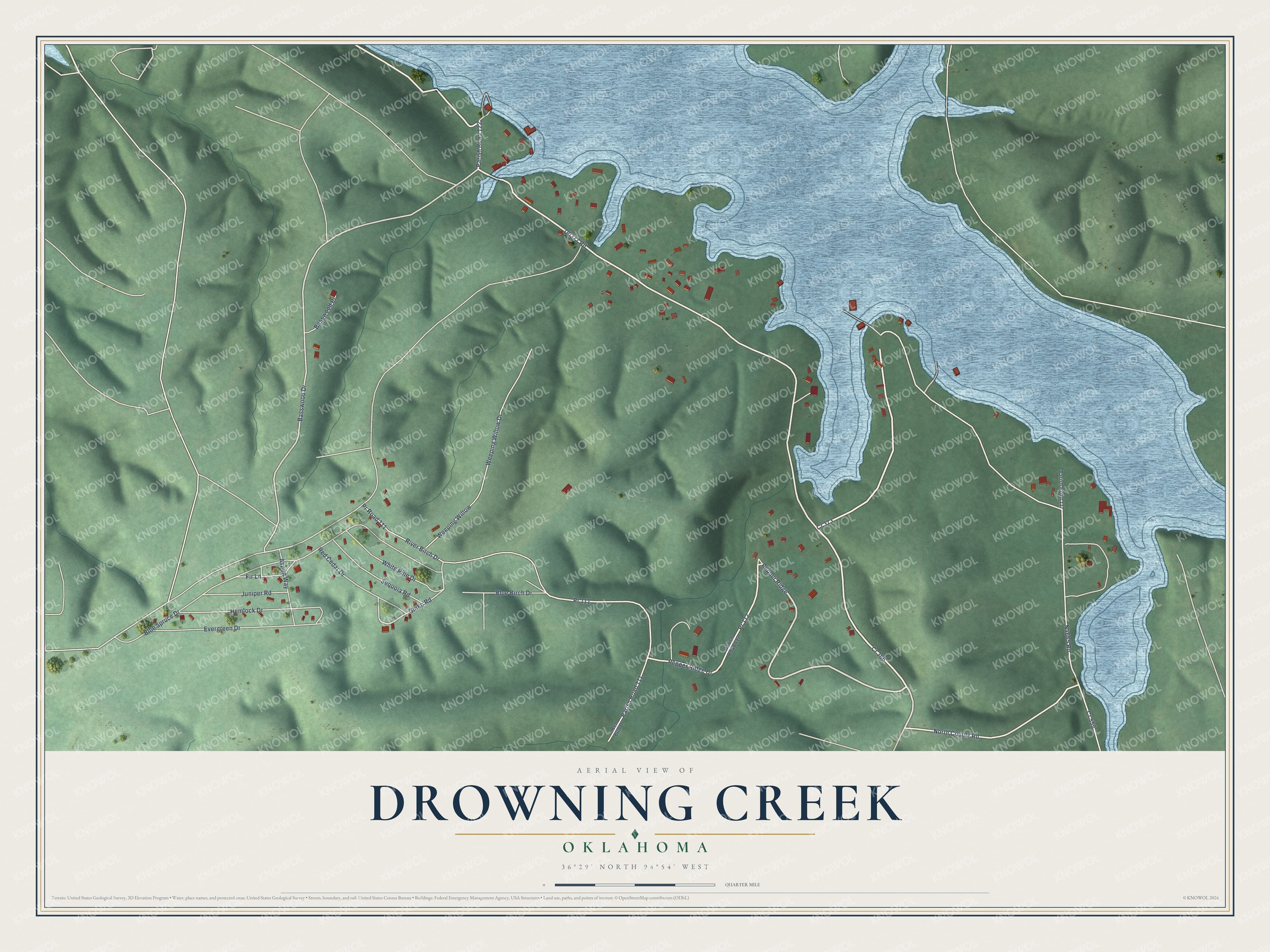 Full map of Drowning Creek, Oklahoma, with red buildings, printed street names and the land around them