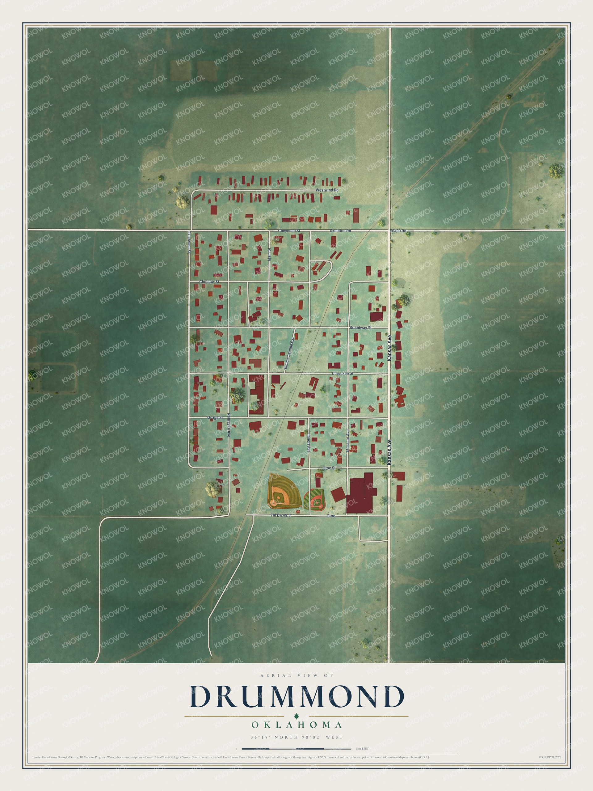 Full map of Drummond, Oklahoma, with red buildings, printed street names and the land around them