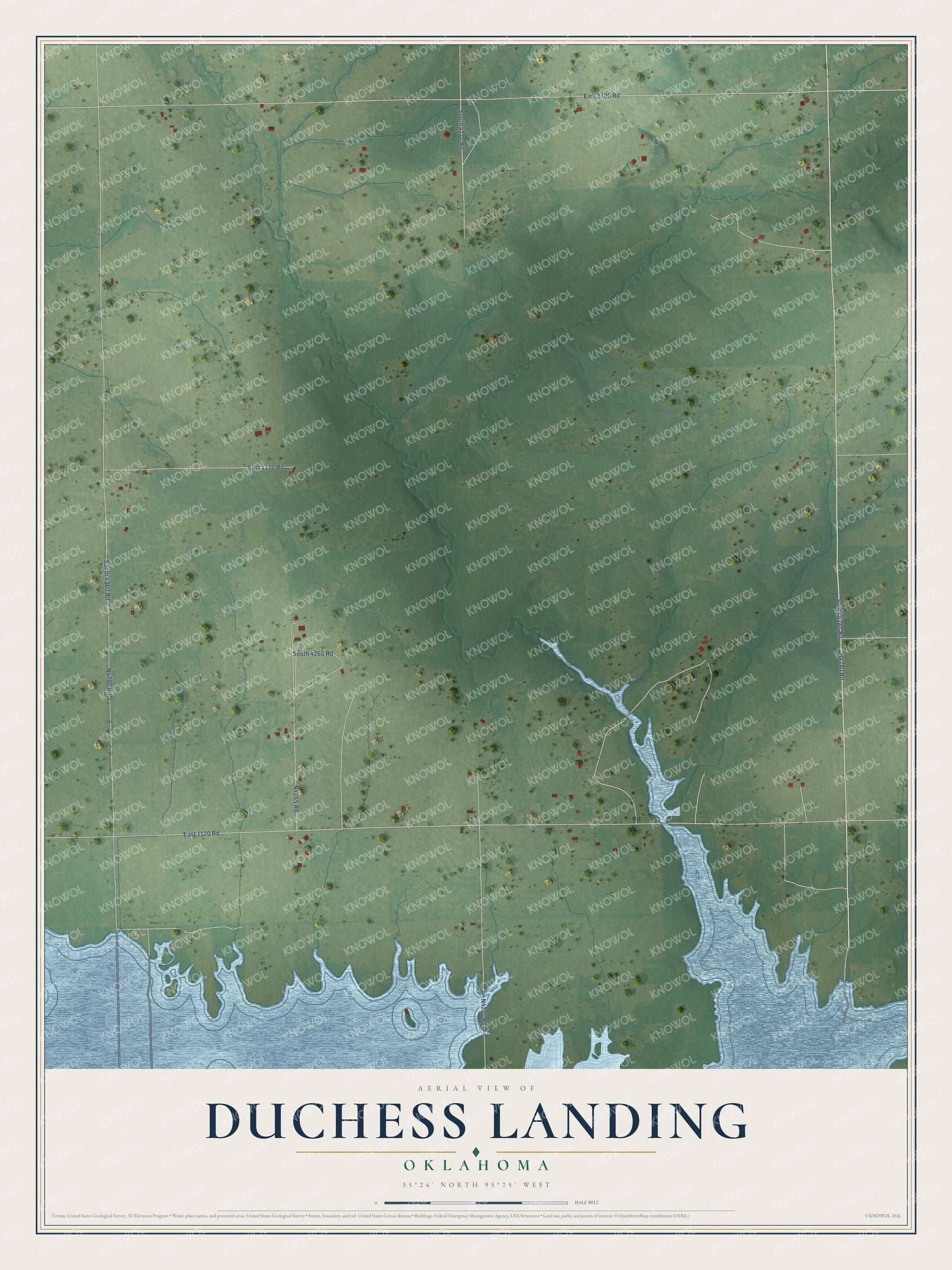 Full map of Duchess Landing, Oklahoma, with red buildings, printed street names and the land around them
