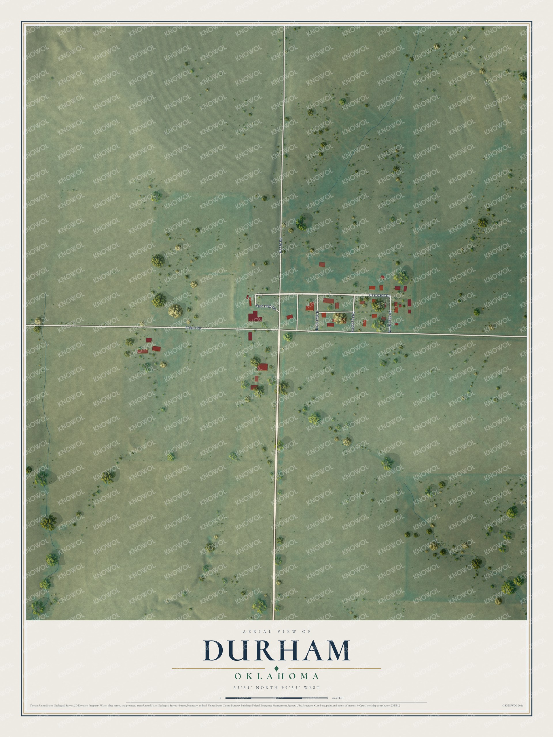 Full map of Durham, Oklahoma, with red buildings, printed street names and the land around them