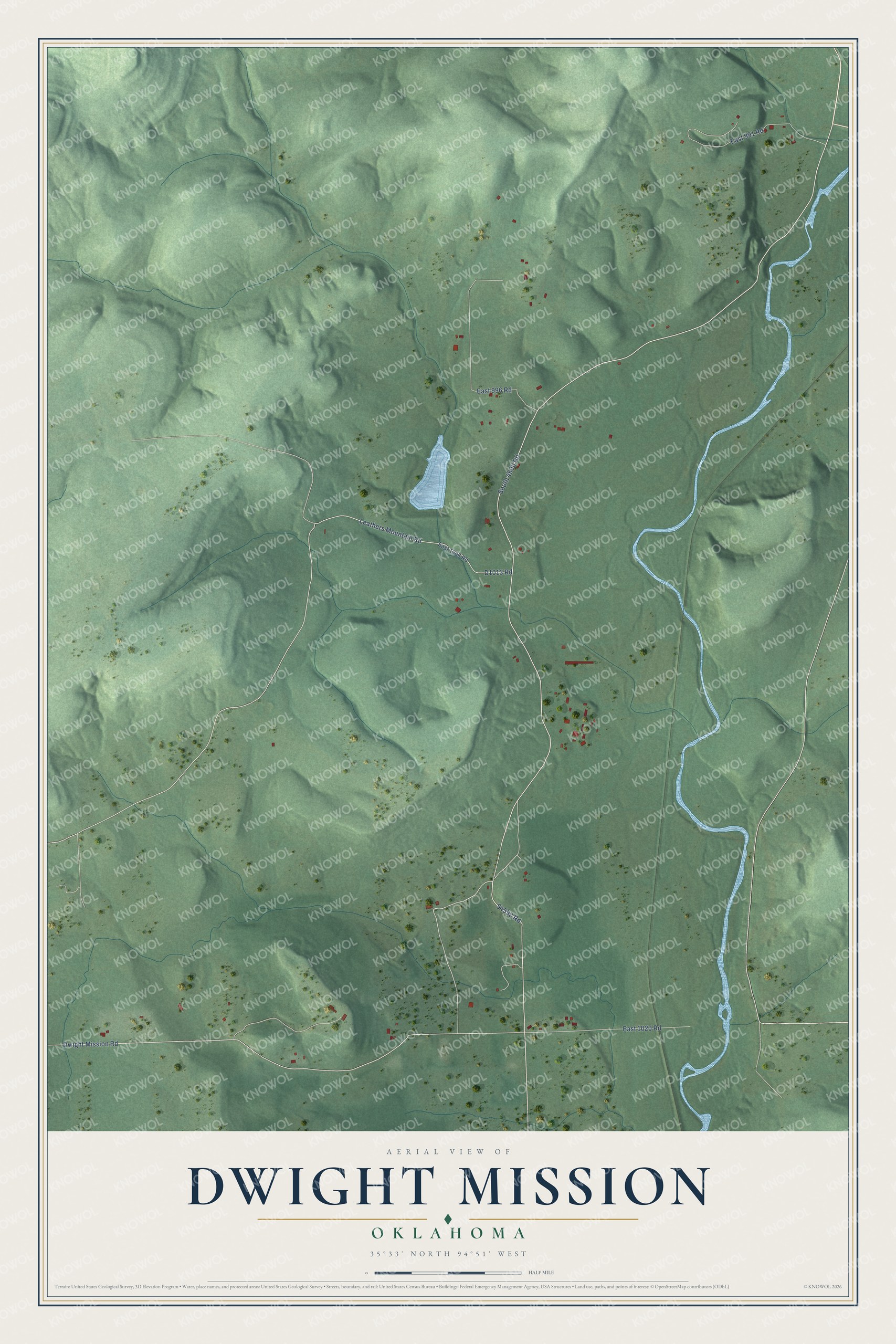 Full map of Dwight Mission, Oklahoma, with red buildings, printed street names and the land around them