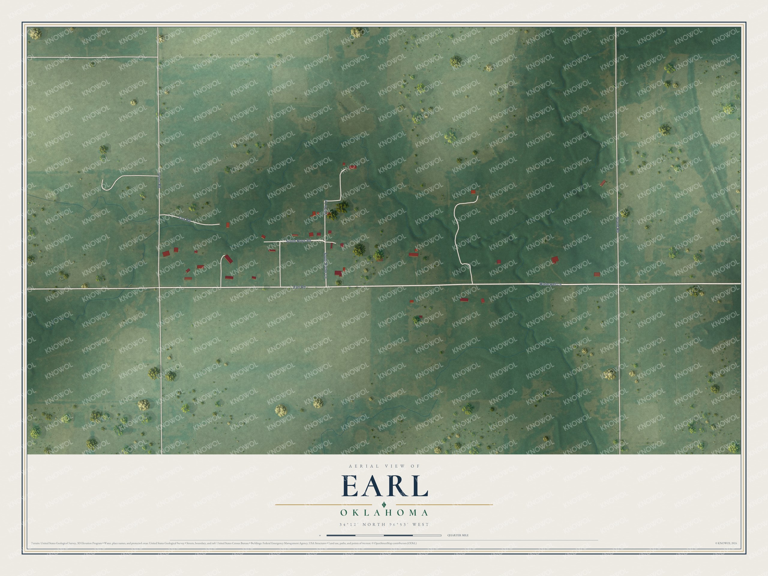 Full map of Earl, Oklahoma, with red buildings, printed street names and the land around them