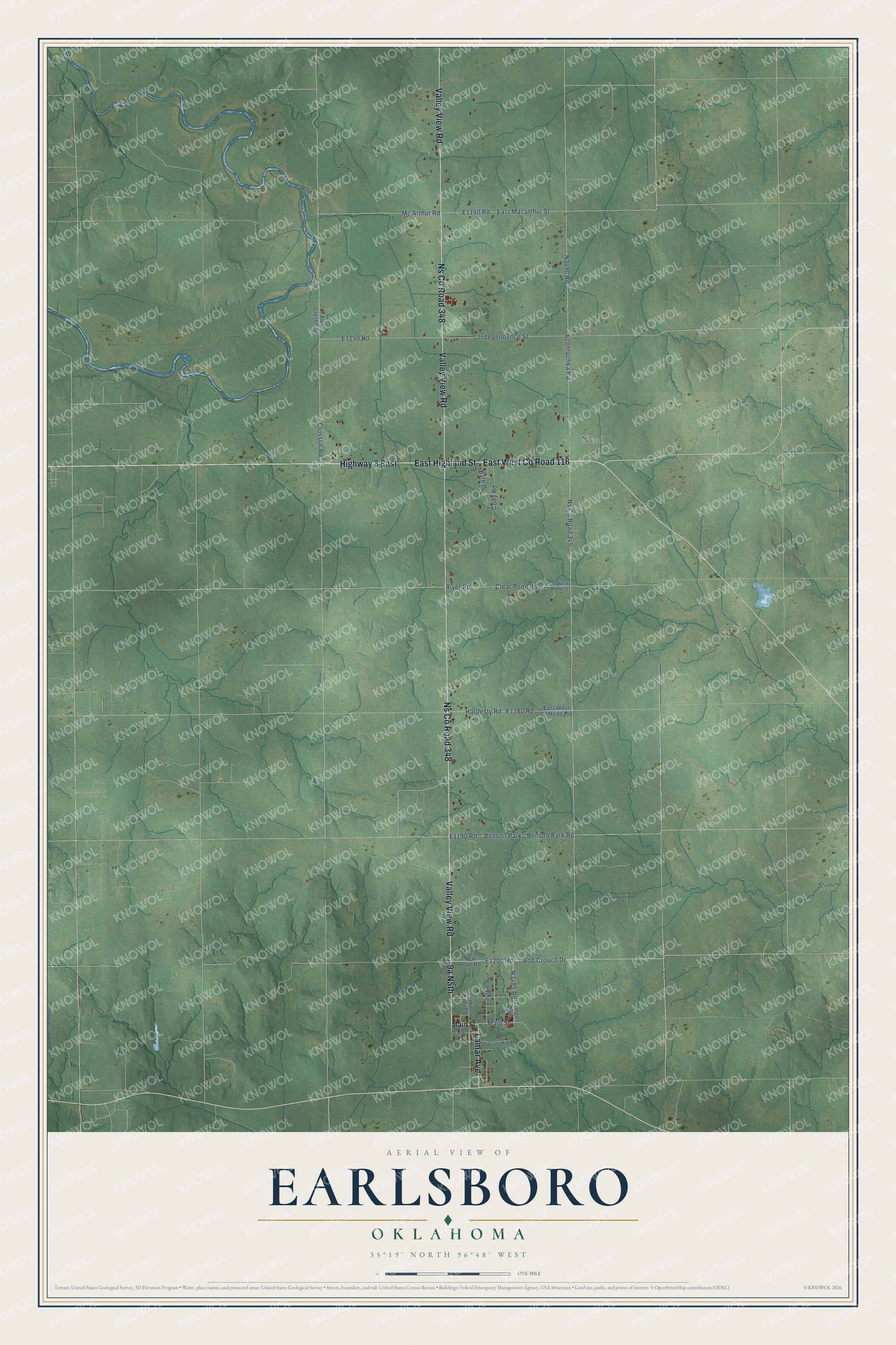 Full map of Earlsboro, Oklahoma, with red buildings, printed street names and the land around them