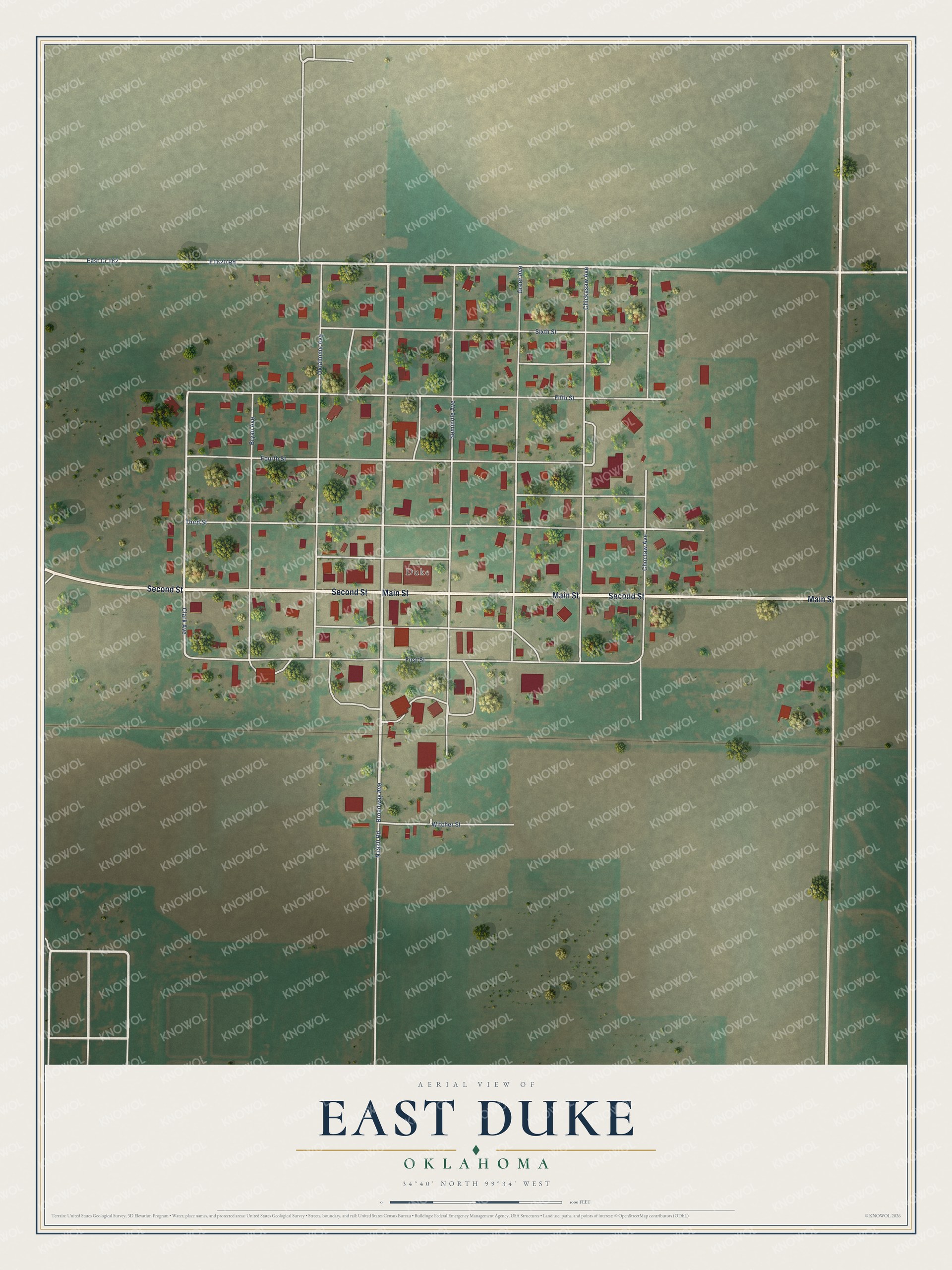 Full map of East Duke, Oklahoma, with red buildings, printed street names and the land around them