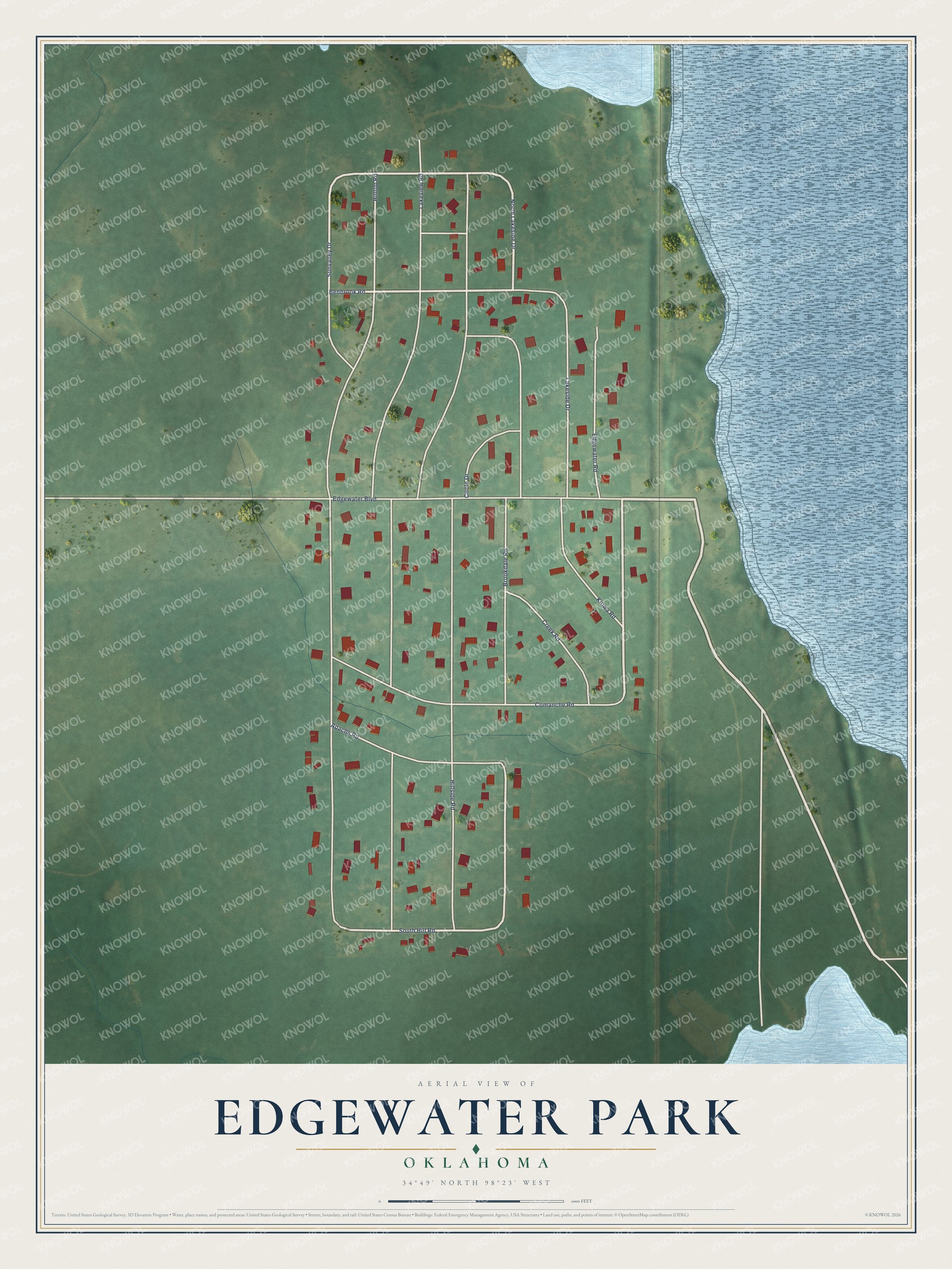 Full map of Edgewater Park, Oklahoma, with red buildings, printed street names and the land around them