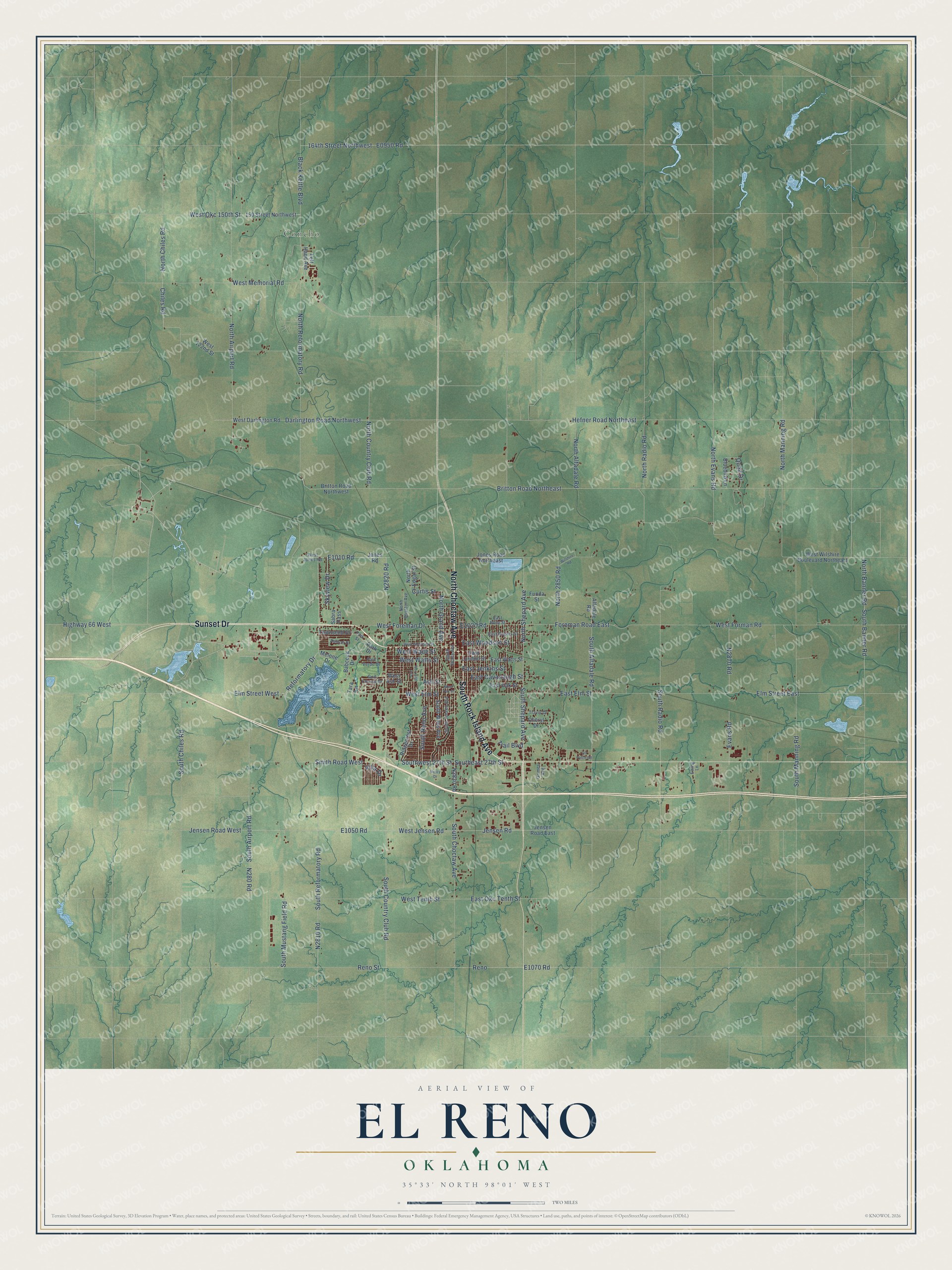 Full map of El Reno, Oklahoma, with red buildings, printed street names and the land around them