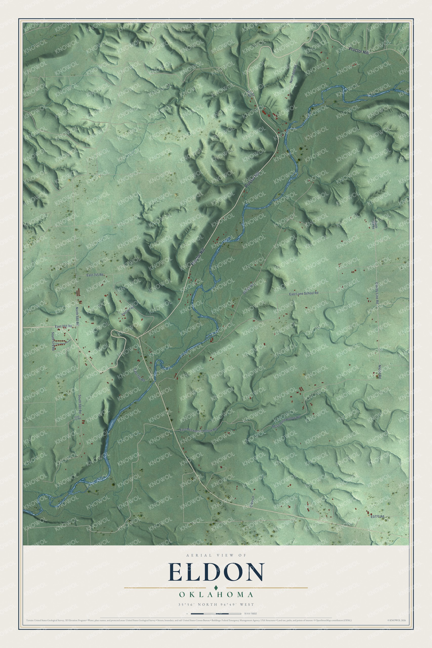 Full map of Eldon, Oklahoma, with red buildings, printed street names and the land around them