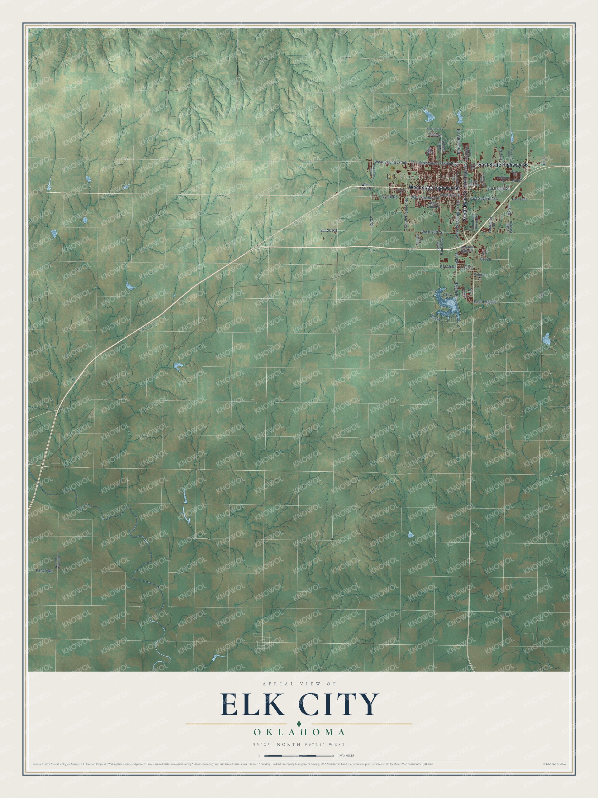 Full map of Elk City, Oklahoma, with red buildings, printed street names and the land around them