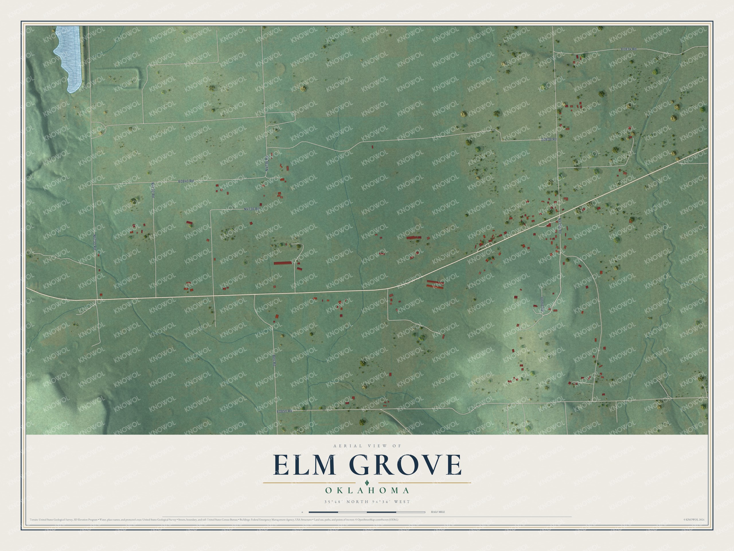 Full map of Elm Grove, Oklahoma, with red buildings, printed street names and the land around them