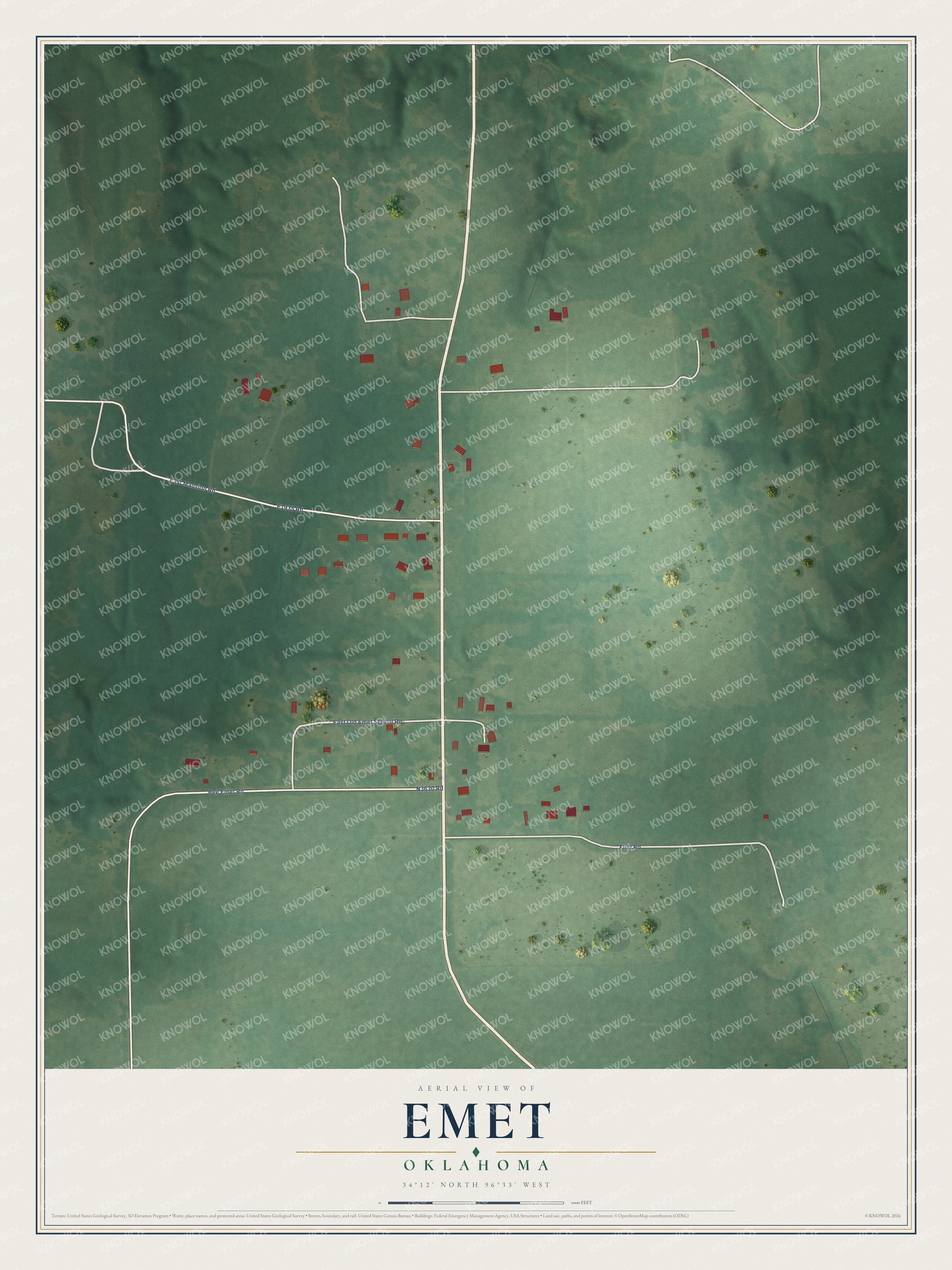 Full map of Emet, Oklahoma, with red buildings, printed street names and the land around them