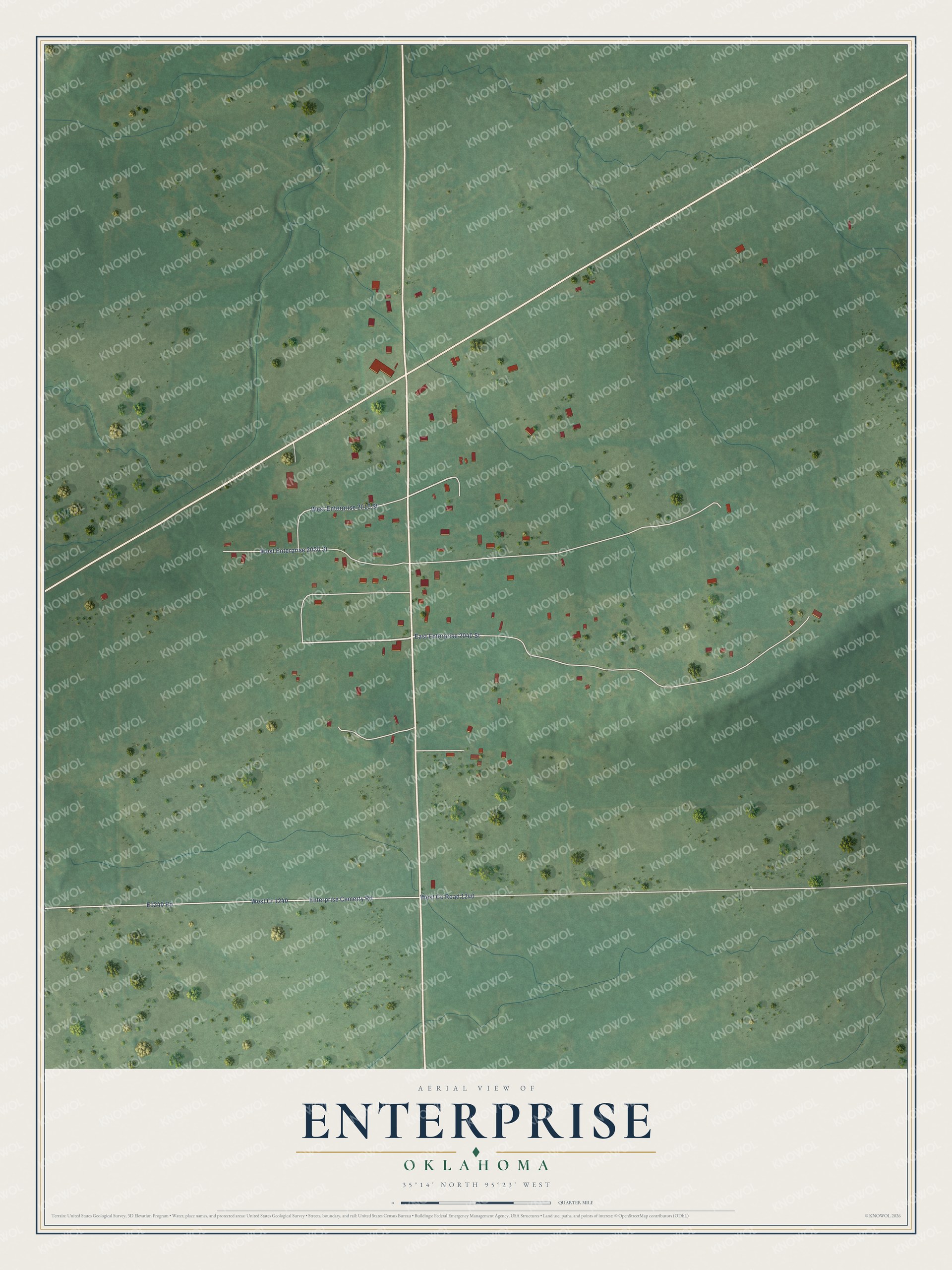Full map of Enterprise, Oklahoma, with red buildings, printed street names and the land around them
