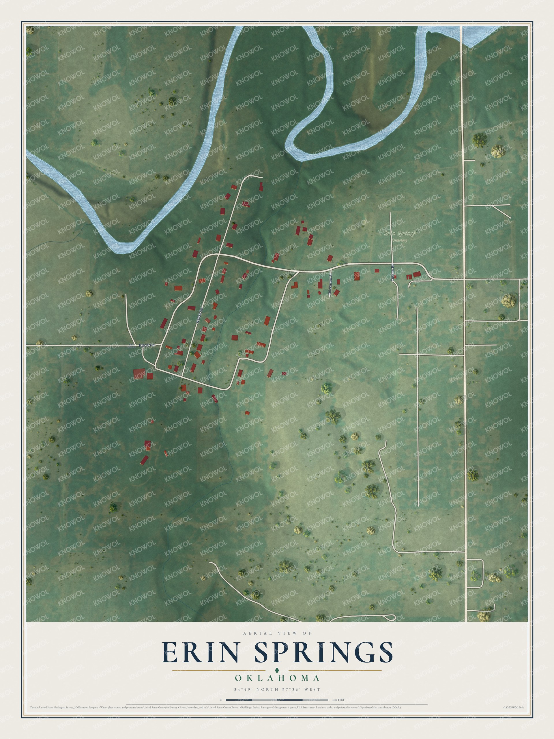 Full map of Erin Springs, Oklahoma, with red buildings, printed street names and the land around them
