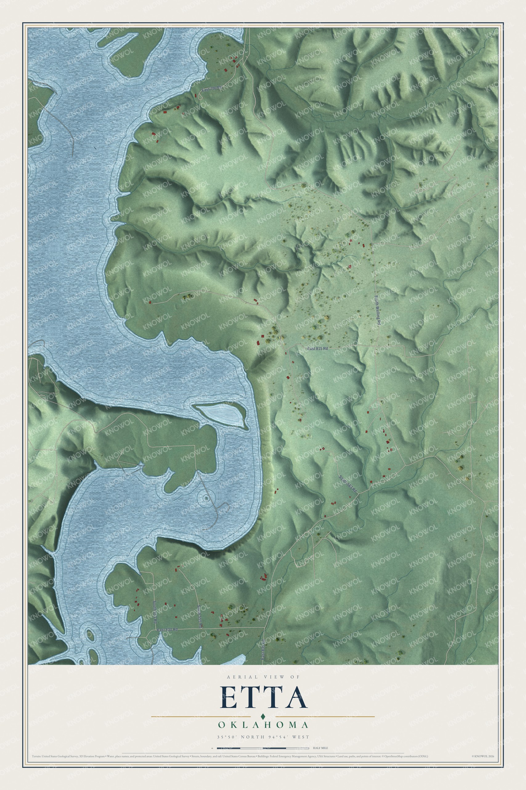 Full map of Etta, Oklahoma, with red buildings, printed street names and the land around them