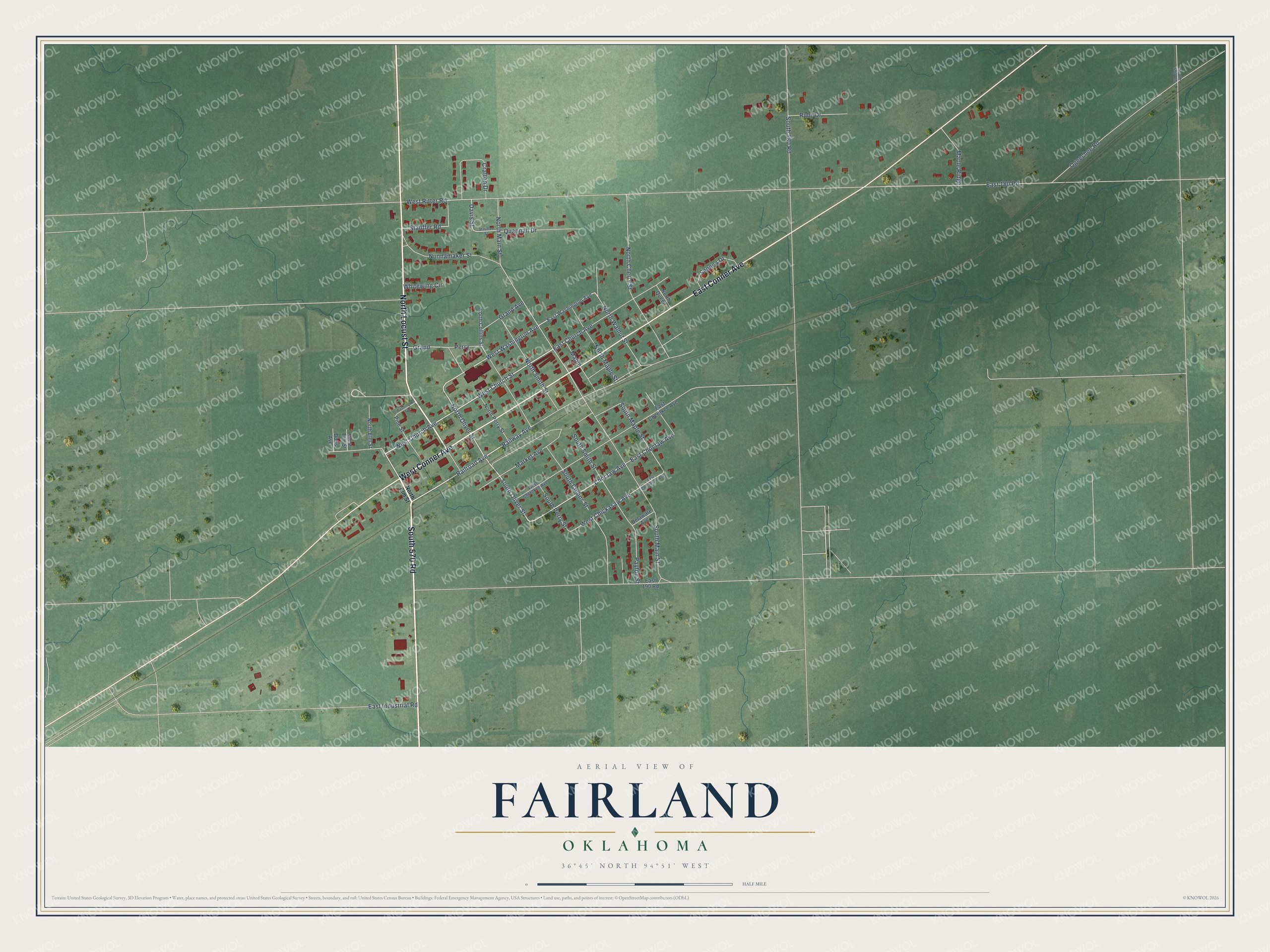 Full map of Fairland, Oklahoma, with red buildings, printed street names and the land around them