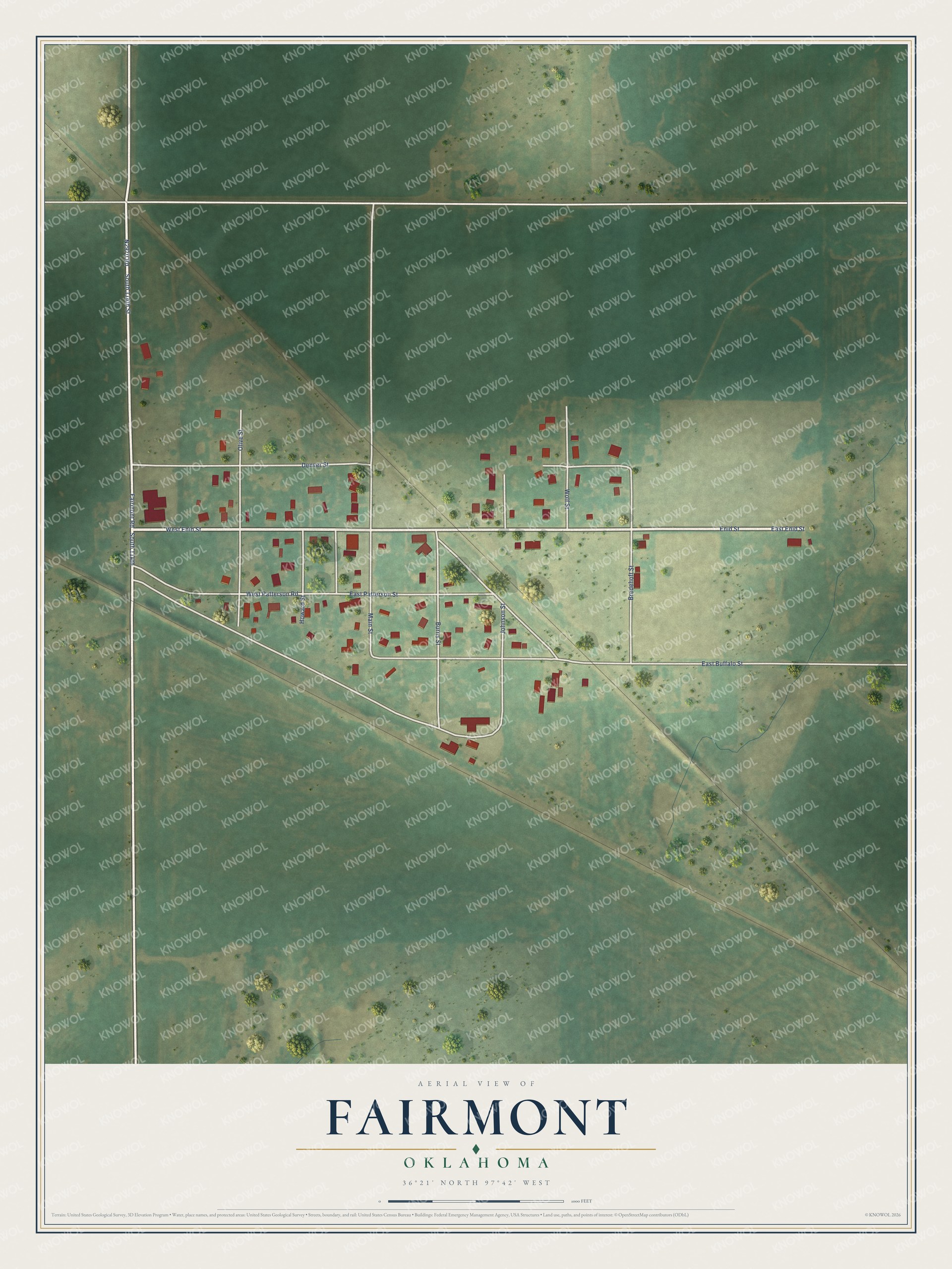 Full map of Fairmont, Oklahoma, with red buildings, printed street names and the land around them