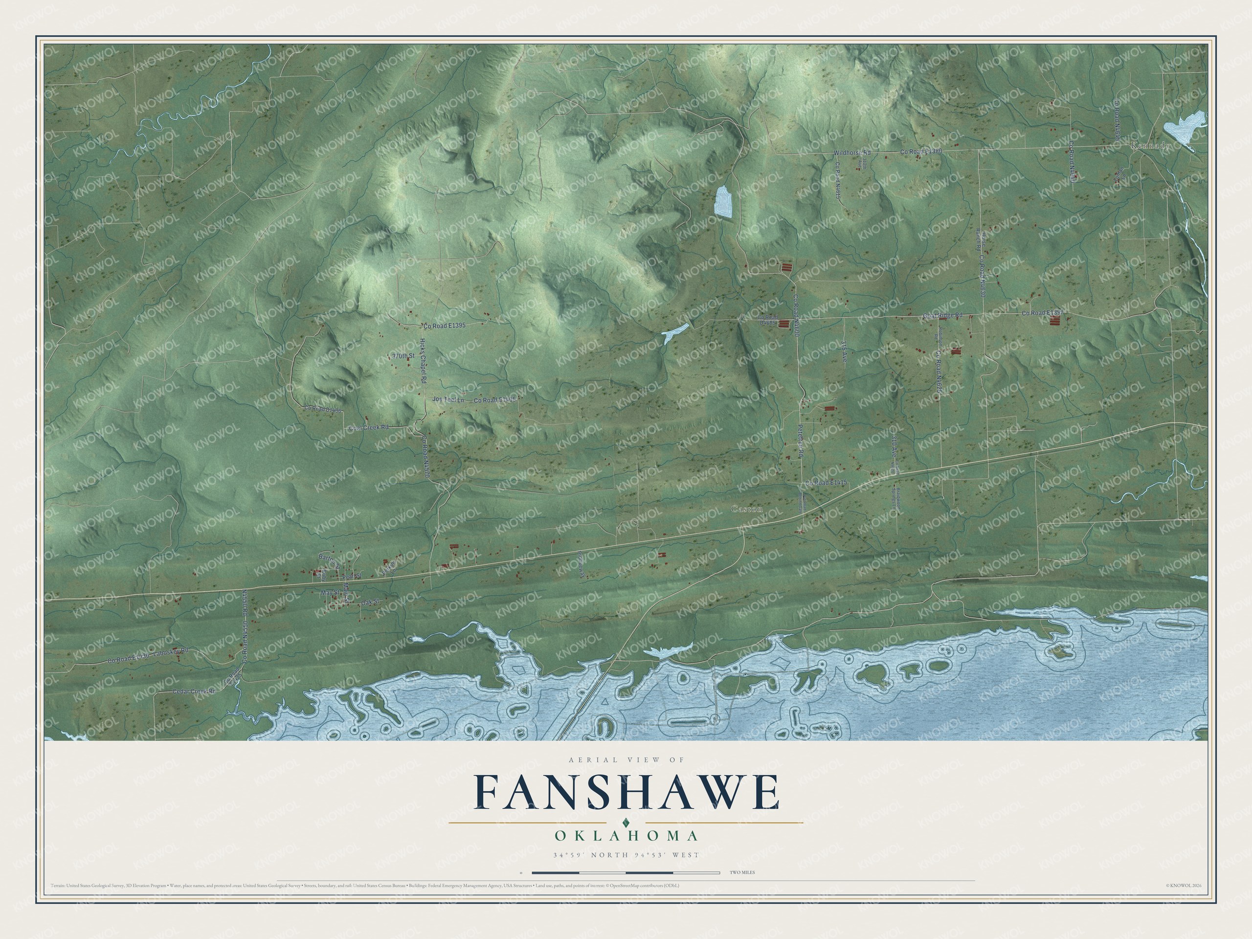 Full map of Fanshawe, Oklahoma, with red buildings, printed street names and the land around them