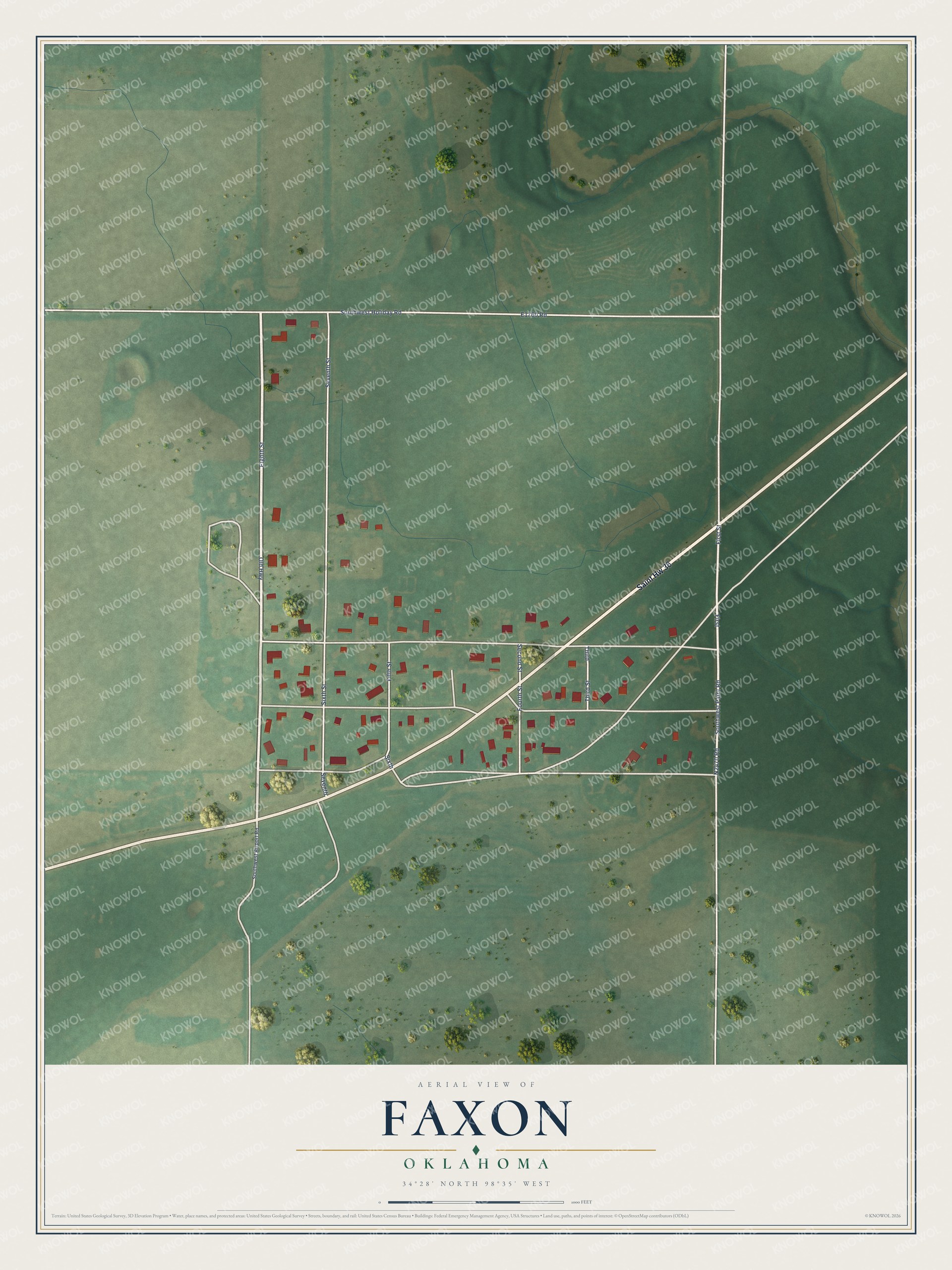 Full map of Faxon, Oklahoma, with red buildings, printed street names and the land around them