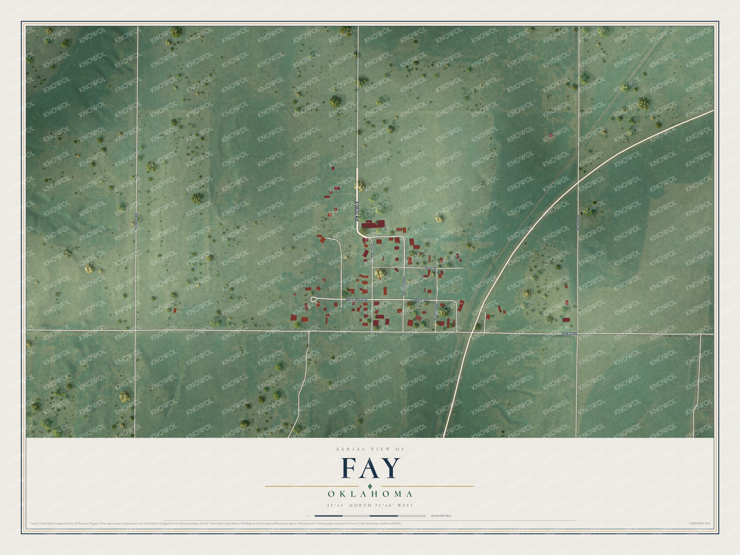 Full map of Fay, Oklahoma, with red buildings, printed street names and the land around them
