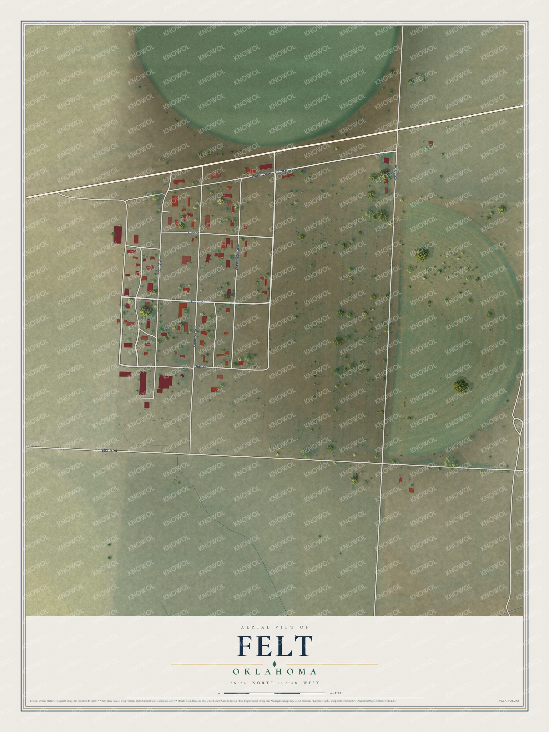 Full map of Felt, Oklahoma, with red buildings, printed street names and the land around them