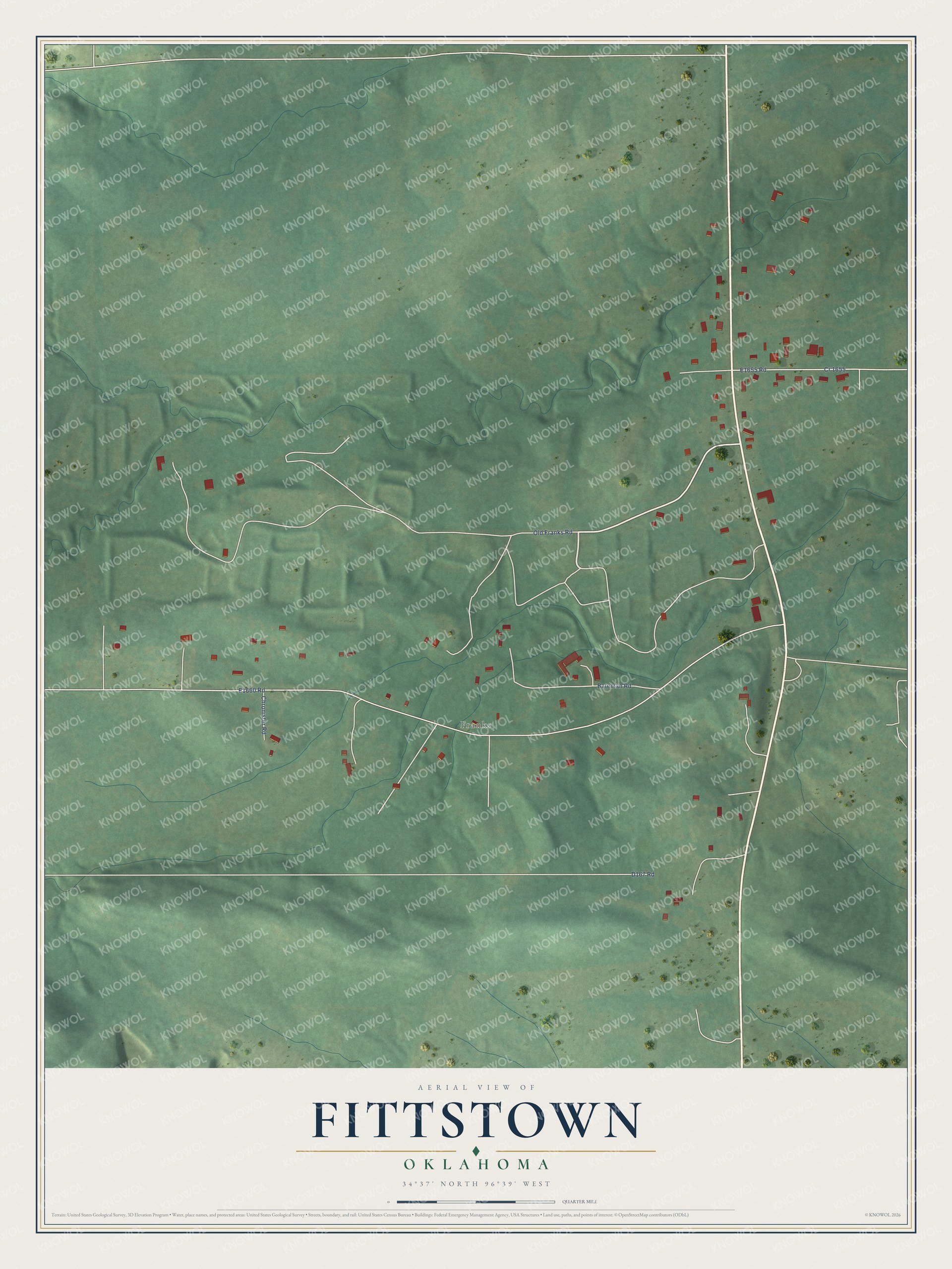 Full map of Fittstown, Oklahoma, with red buildings, printed street names and the land around them