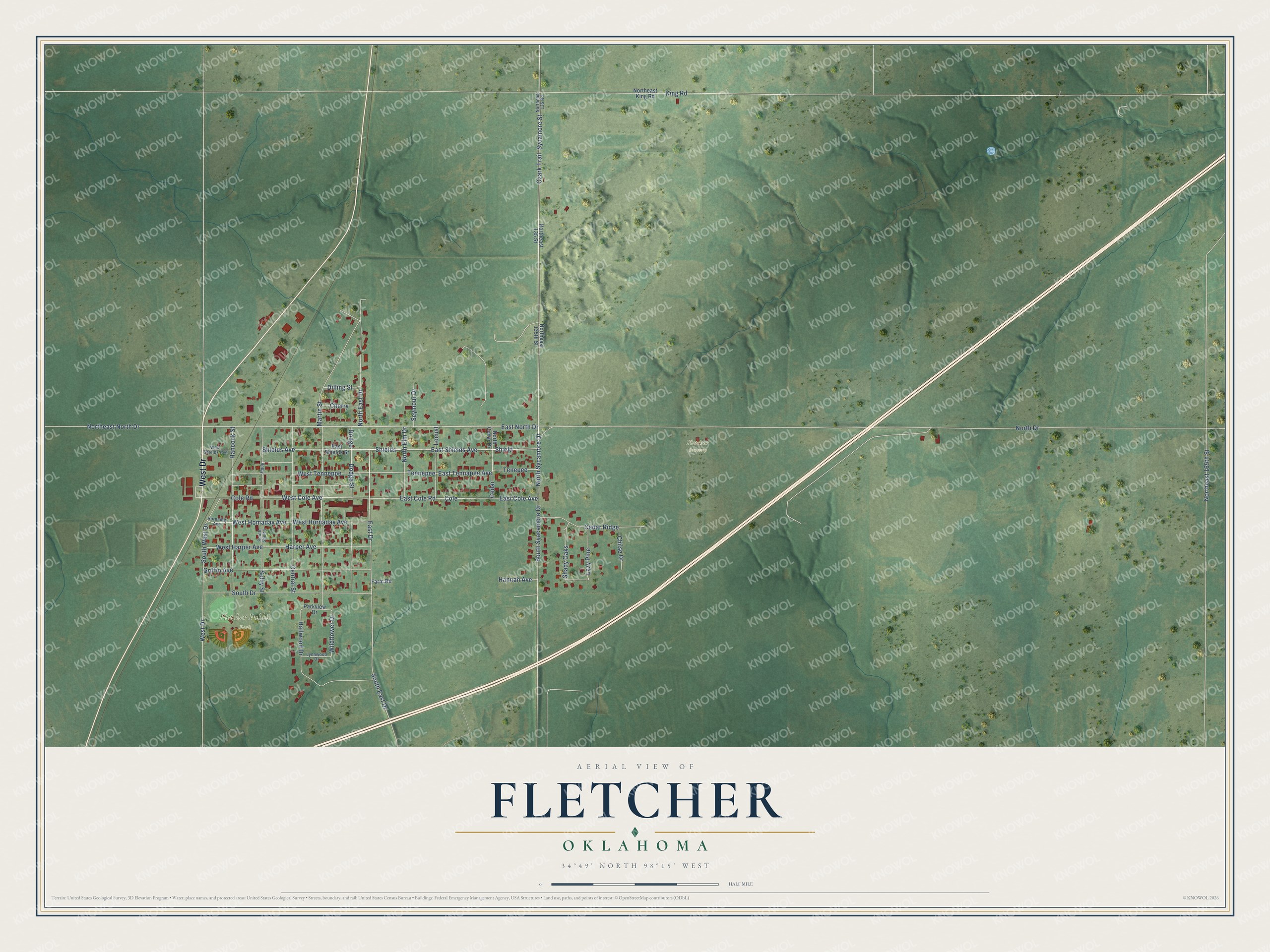 Watermarked full-map preview of Fletcher, Oklahoma