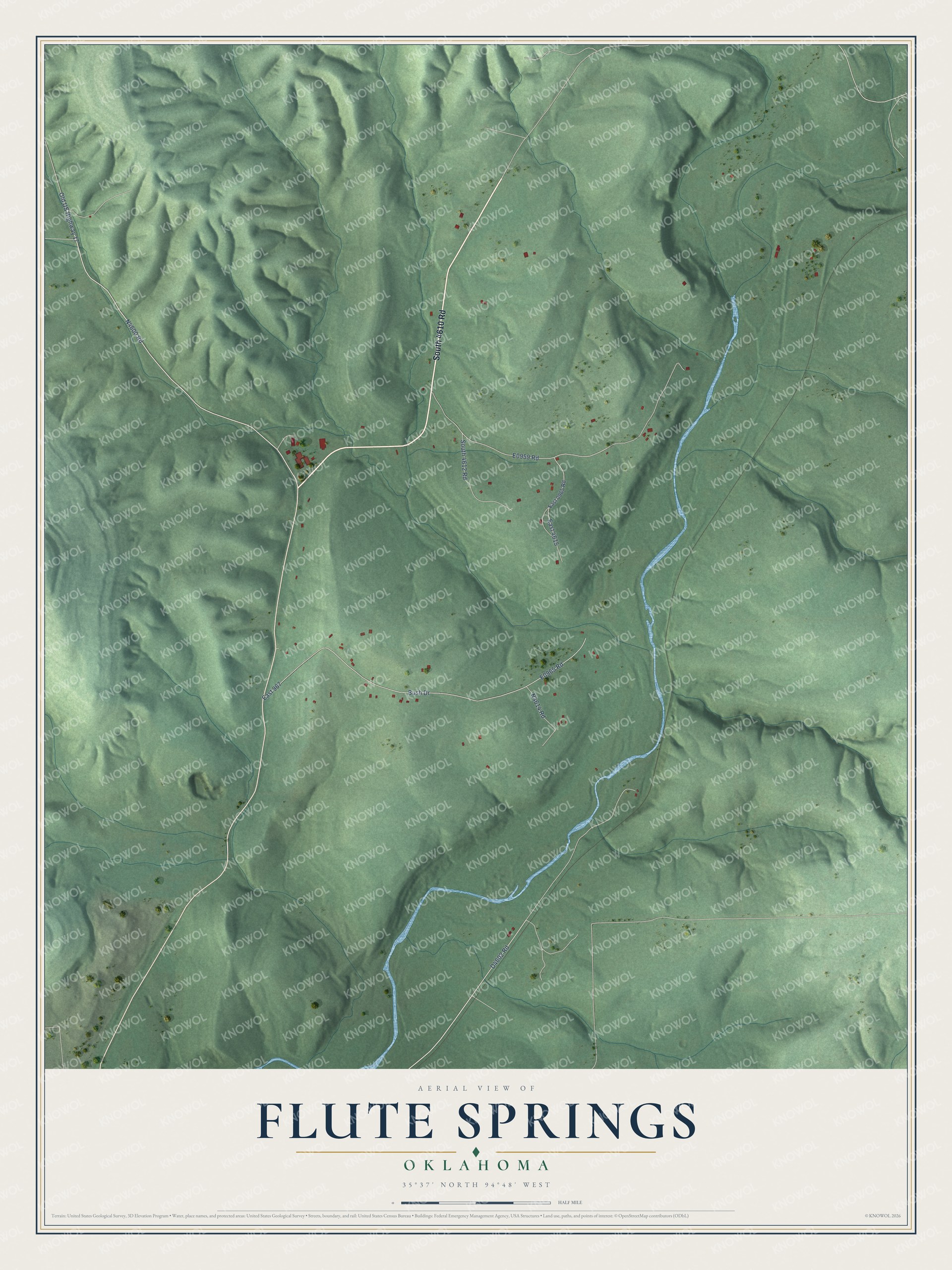 Full map of Flute Springs, Oklahoma, with red buildings, printed street names and the land around them