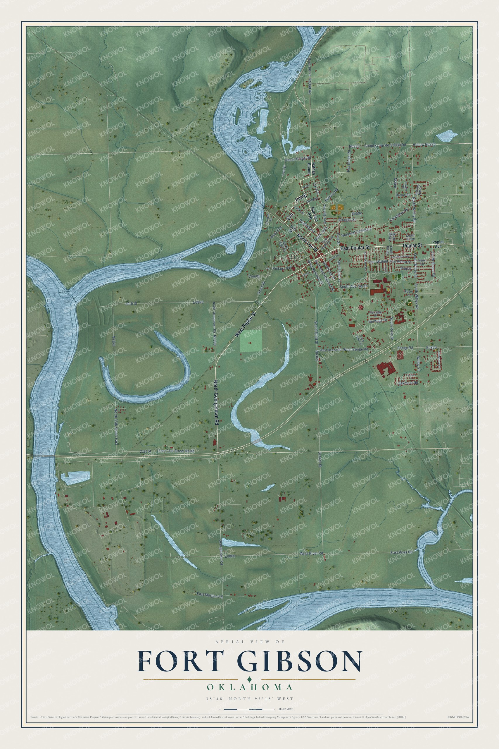 Full map of Fort Gibson, Oklahoma, with red buildings, printed street names and the land around them