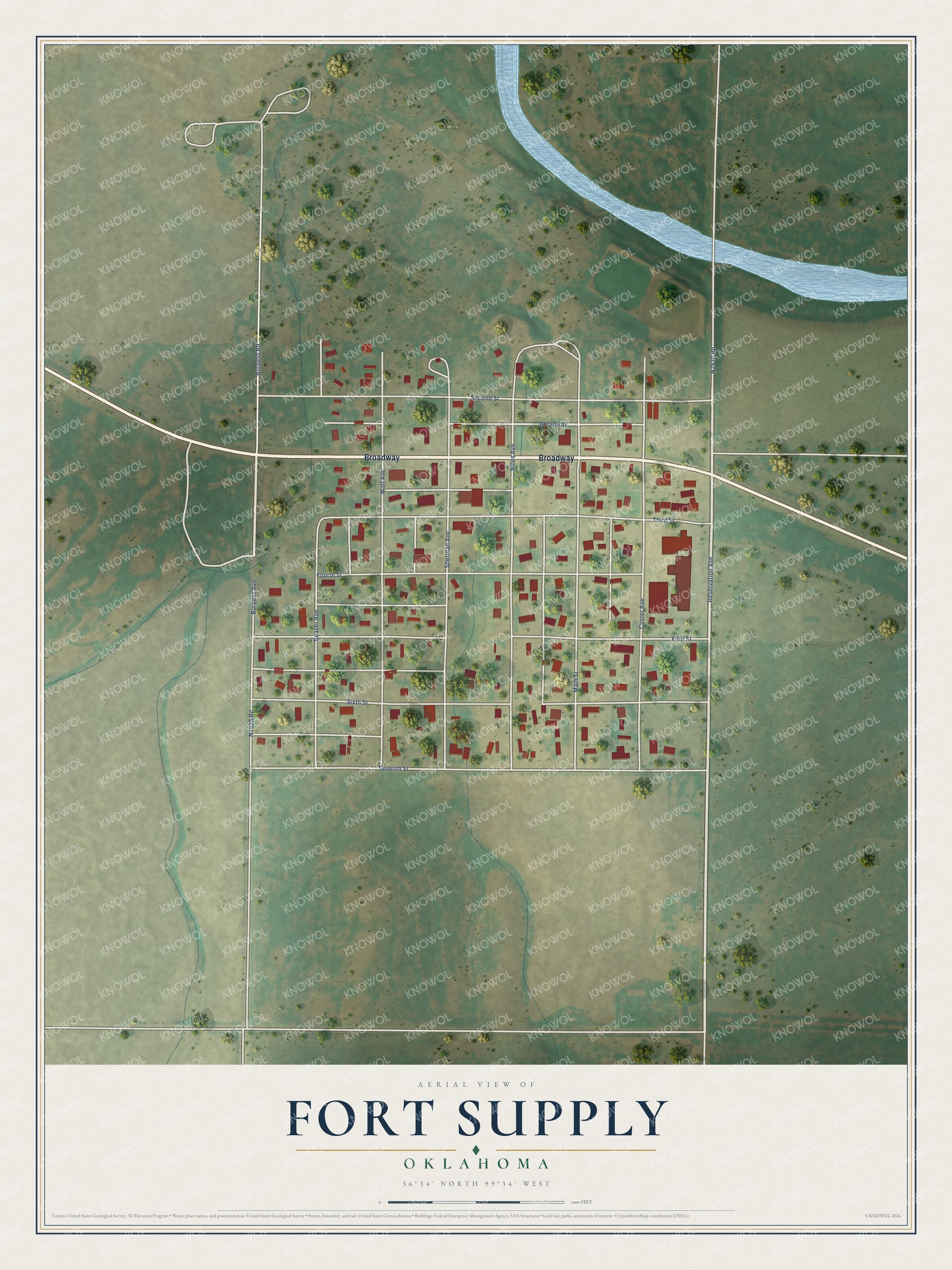 Full map of Fort Supply, Oklahoma, with red buildings, printed street names and the land around them